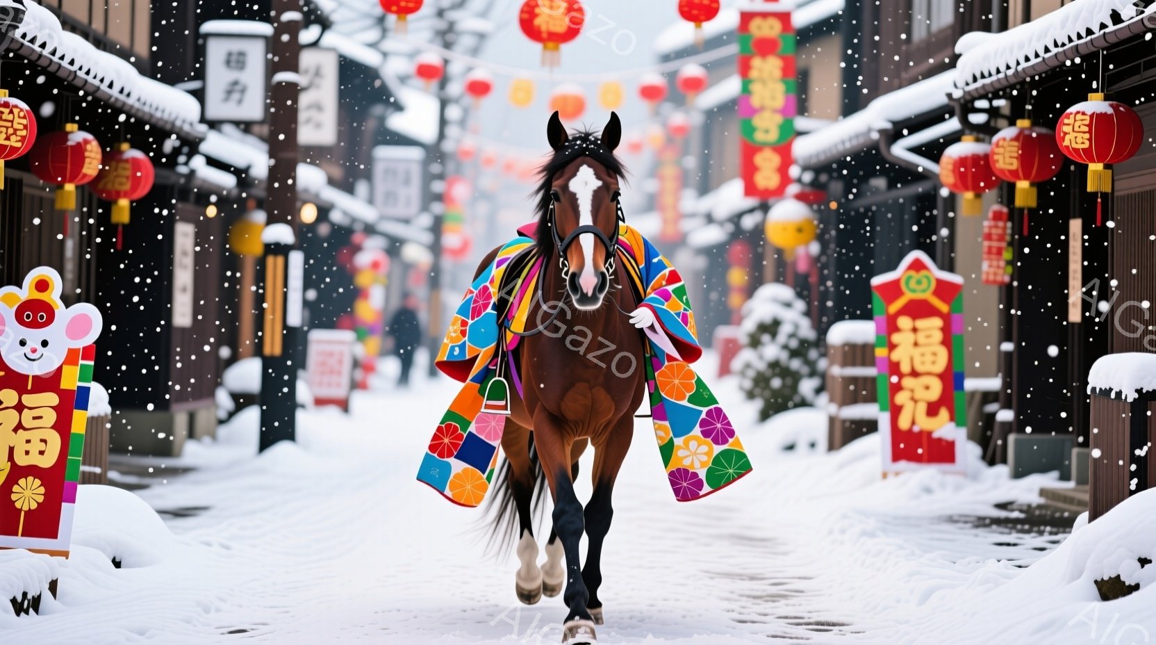 雪が降り積もる古い街並みを、華やかな衣装を身につけた馬が力強く駆けている。馬はピンク、紫、緑、オレンジ色の明るい装飾が施された衣装をまとい、まるで祭りの先駆けのようだ。背景には、雪化粧した伝統的な木造 - AI生成フリー素材