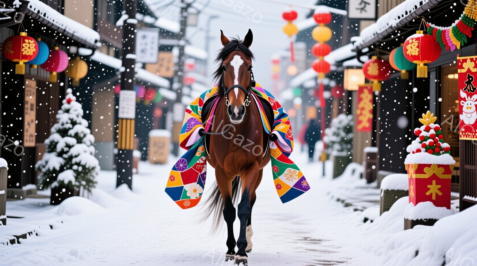 雪が降り積もる古い町並みを、飾り立てられた馬が堂々と歩いている。馬は鮮やかな色の織物で装飾され、その姿勢は自信に満ち溢れている。背景には伝統的な建物が並び、赤い提灯が冬の風景に暖かさと活気を与えている - AI生成フリー素材