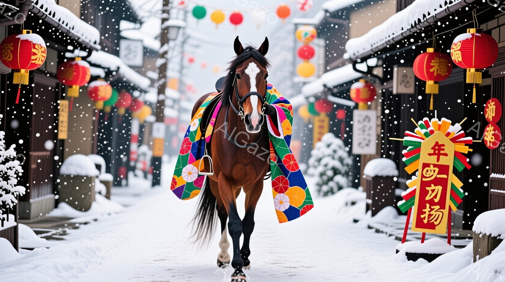 厩舎（きゅうしゃ）のような古い町並みを、茶色の馬が堂々と歩いている。馬の背中には、鮮やかな色の正方形の模様が組み合わさった衣装が羽織られ、雪が降る冬の風景に彩りを添えている。古い木造建築が両側に立ち並 - AI生成フリー素材