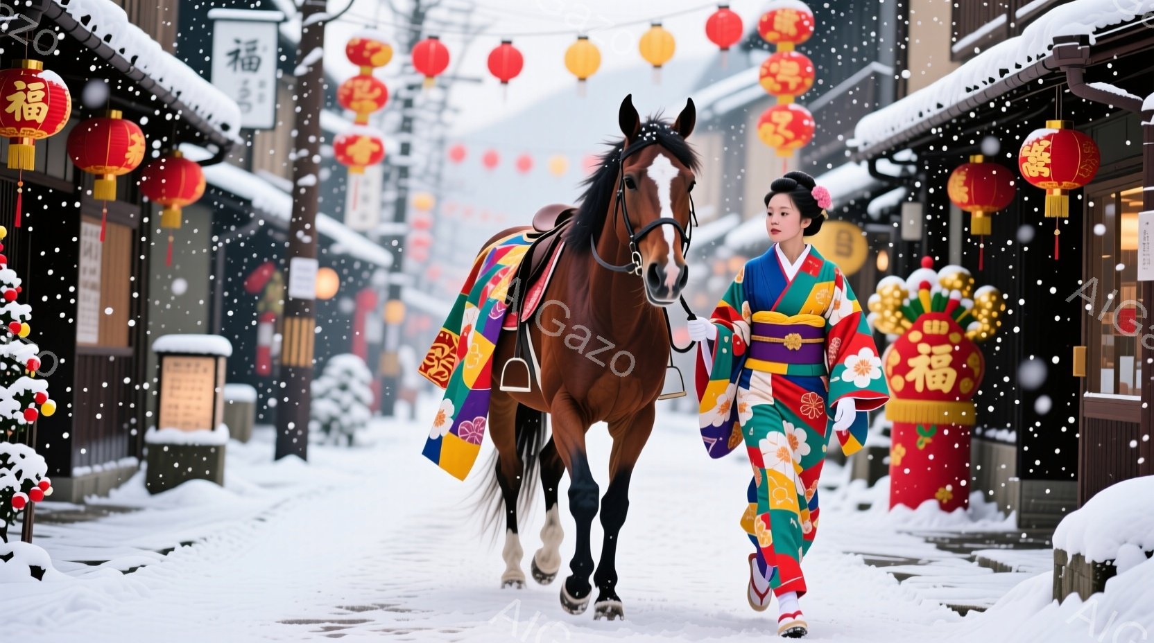 雪が舞う古い町並みを、華やかな着物を着た女性が馬と共に歩いている。女性は鮮やかな緑、ピンク、黄色の花柄の着物と、赤い鼻緒の草履を履き、黒髪をアップスタイルにして、穏やかな表情を浮かべている。背景には伝 - AI生成フリー素材