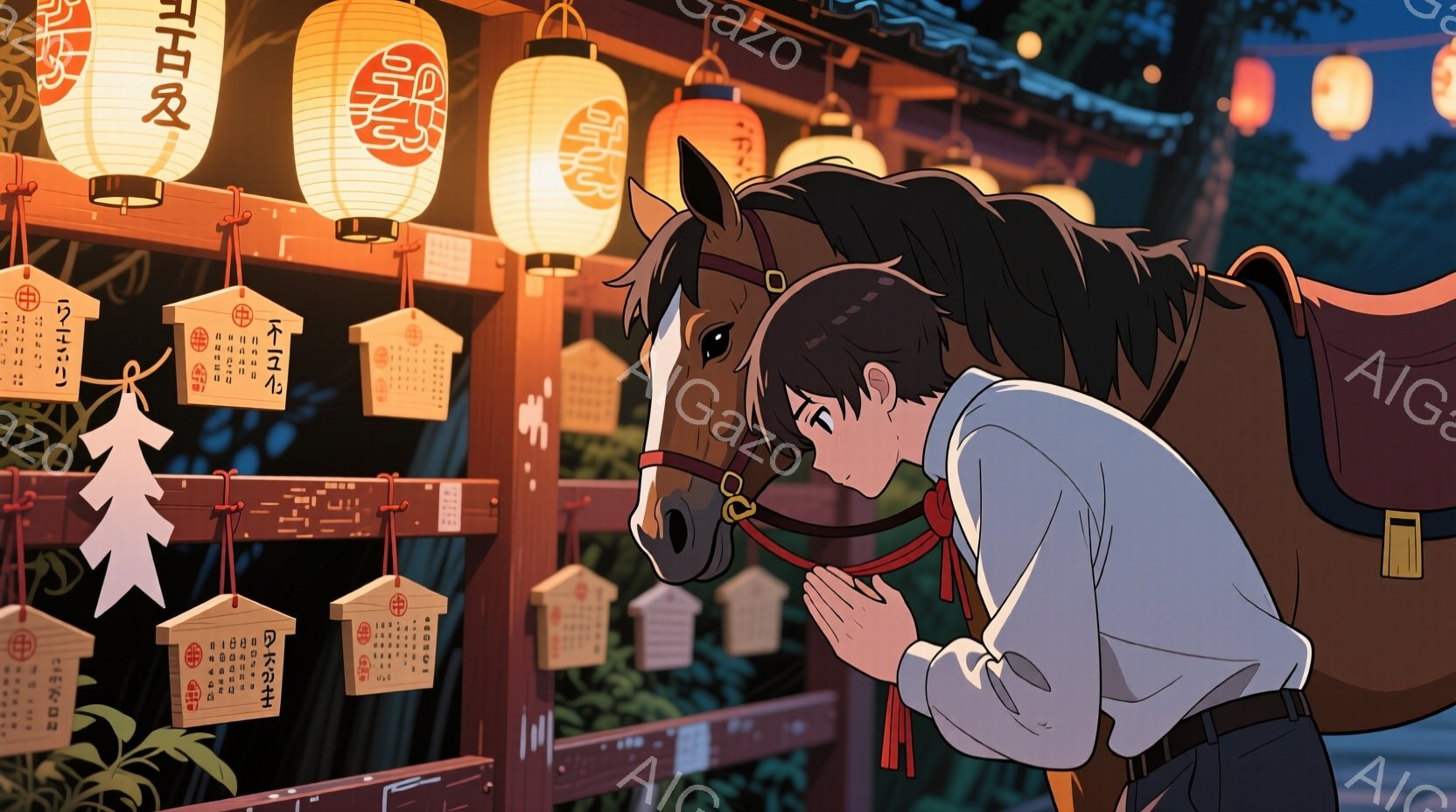 若い男性が、提灯と絵馬が並ぶ神社の前で馬に寄り添っている。彼は白いシャツとズボンを着用し、黒髪を少し撫でたような髪型で、祈るような仕草をしている。背景には木々の緑と提灯のオレンジ色が暖かく、静かで神聖 - AI生成フリー素材