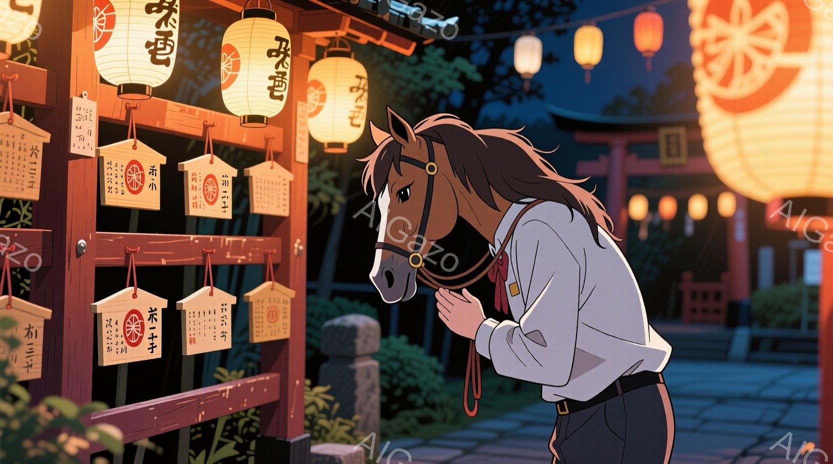 一人の若い男性が、提灯が灯る寺社の入り口で馬の頭を優しく撫でています。彼は白いシャツに濃い色のジャケットを着ており、短髪で、どこか寂しげな表情をしています。背景には赤い寺社建築、緑豊かな植物、そして夜 - AI生成フリー素材