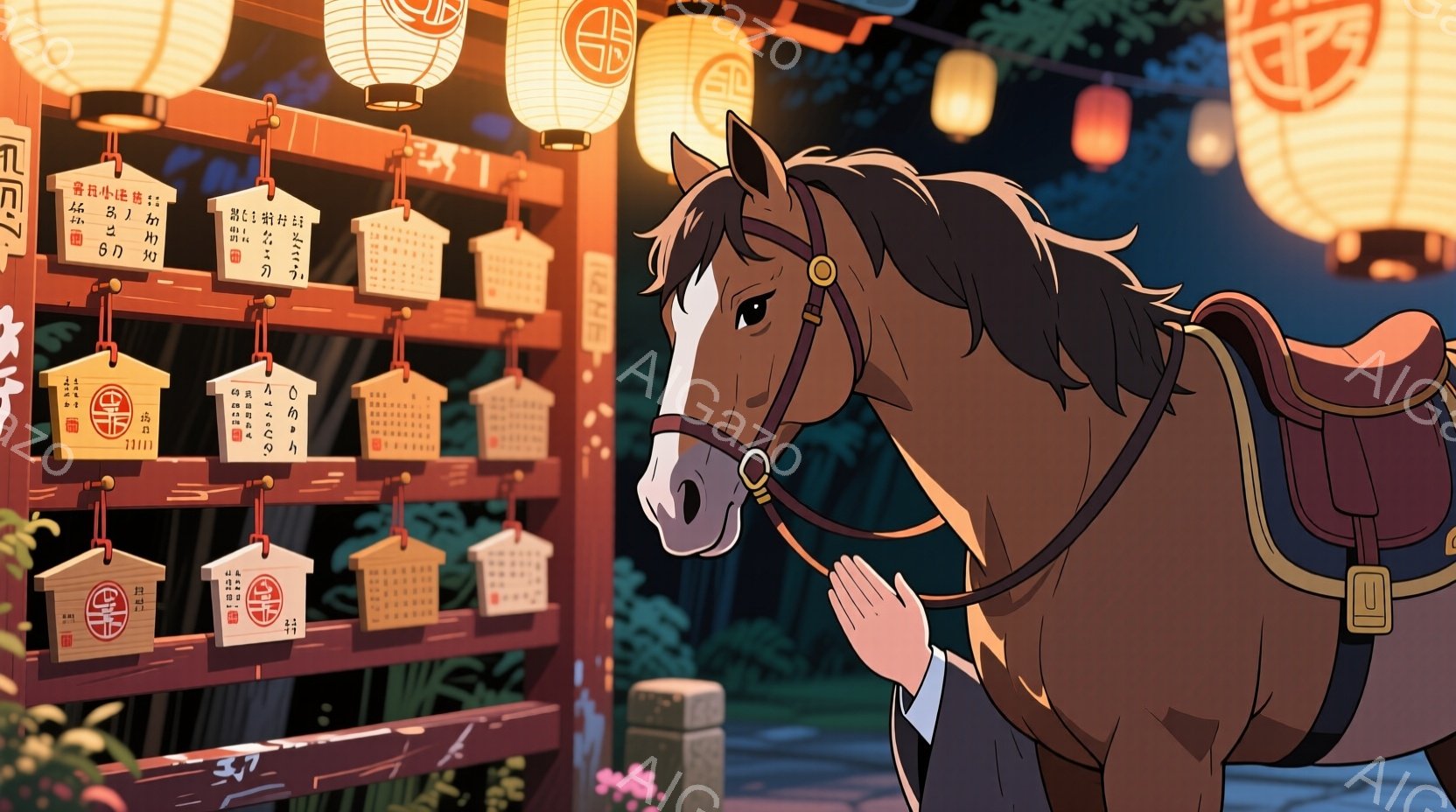 提灯と絵馬が並ぶ神社の背景に、茶色の馬が描かれています。馬は穏やかな表情で、何かをじっと見つめており、首輪と胴体に赤い装飾が施されています。背景には緑豊かな植物とぼやけた建物が見え、夕暮れ時の温かく幻 - AI生成フリー素材