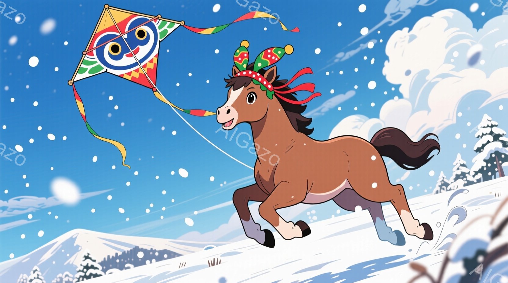 茶色の馬が雪原を力強く走り、頭には緑、赤、黄色の装飾が施された帽子を被っています。背景には雪を頂いた山々と、雪が舞う冬の風景が広がっており、馬の走る足跡が雪面に刻まれています。全体的に、陽気で活発な冬 - AI生成フリー素材