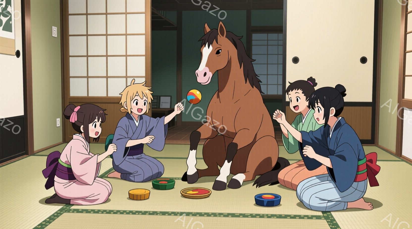 畳の上に、着物を着た子供たちが円になって座り、馬のおもちゃに向かって何かを投げている様子が描かれています。子供たちはそれぞれ異なる色の着物と髪型をしており、笑顔で楽しんでいます。背景はシンプルな和室で - AI生成フリー素材