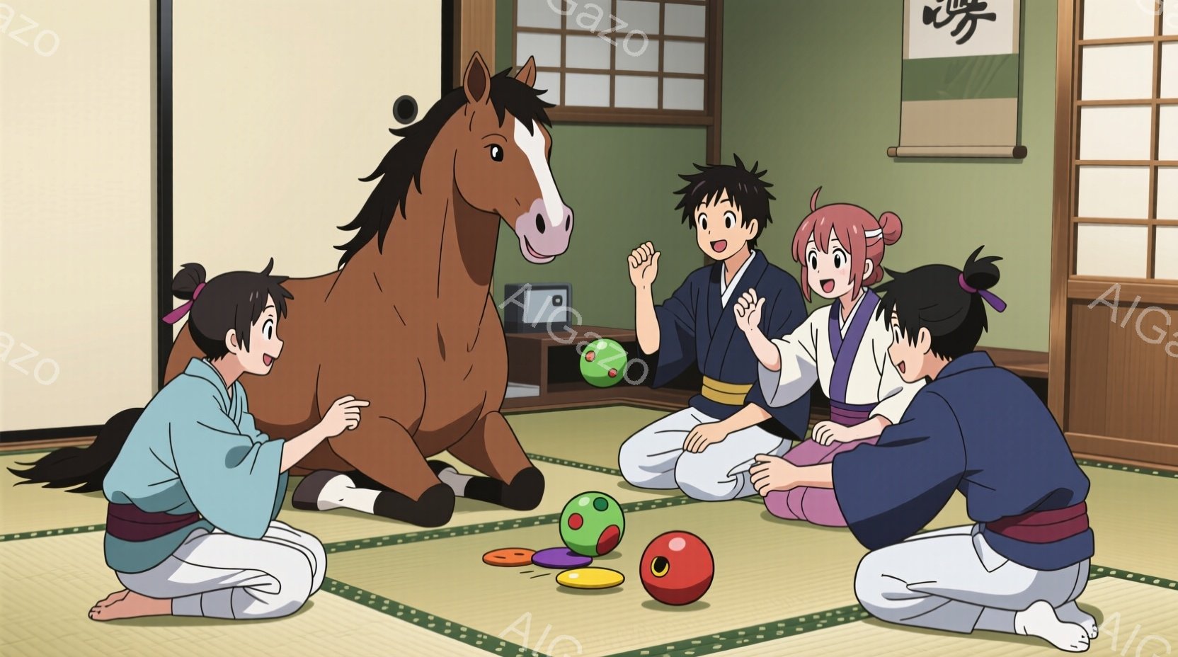 畳の部屋で、四人の子供たちが馬のおもちゃの周りに座って遊んでいます。子供たちは皆、白い着物と赤い帯を着用しており、黒髪で、活発な表情をしています。背景には掛け軸が飾られており、明るい日差しが差し込み、 - AI生成フリー素材