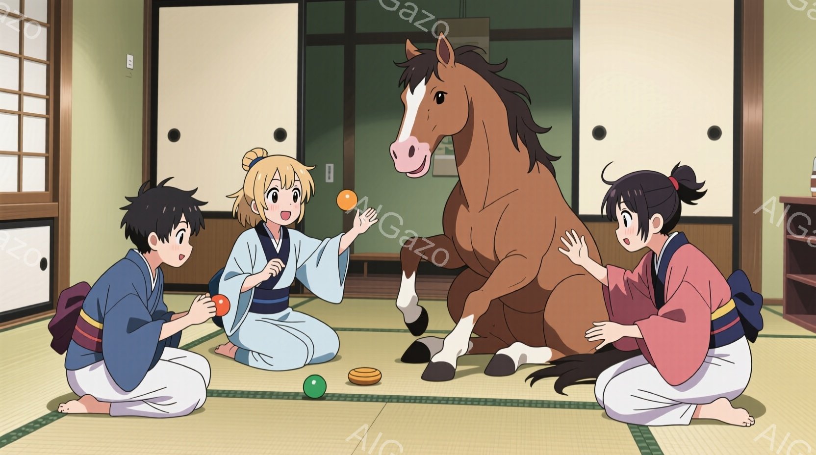 畳の上に座っている少年少女と、その前に座っている馬が描かれています。少年は藍色の着物、少女は薄緑色と桃色の着物を着ており、それぞれ手にボールを持って遊んでいます。背景には障子戸があり、全体的に温かく穏 - AI生成フリー素材