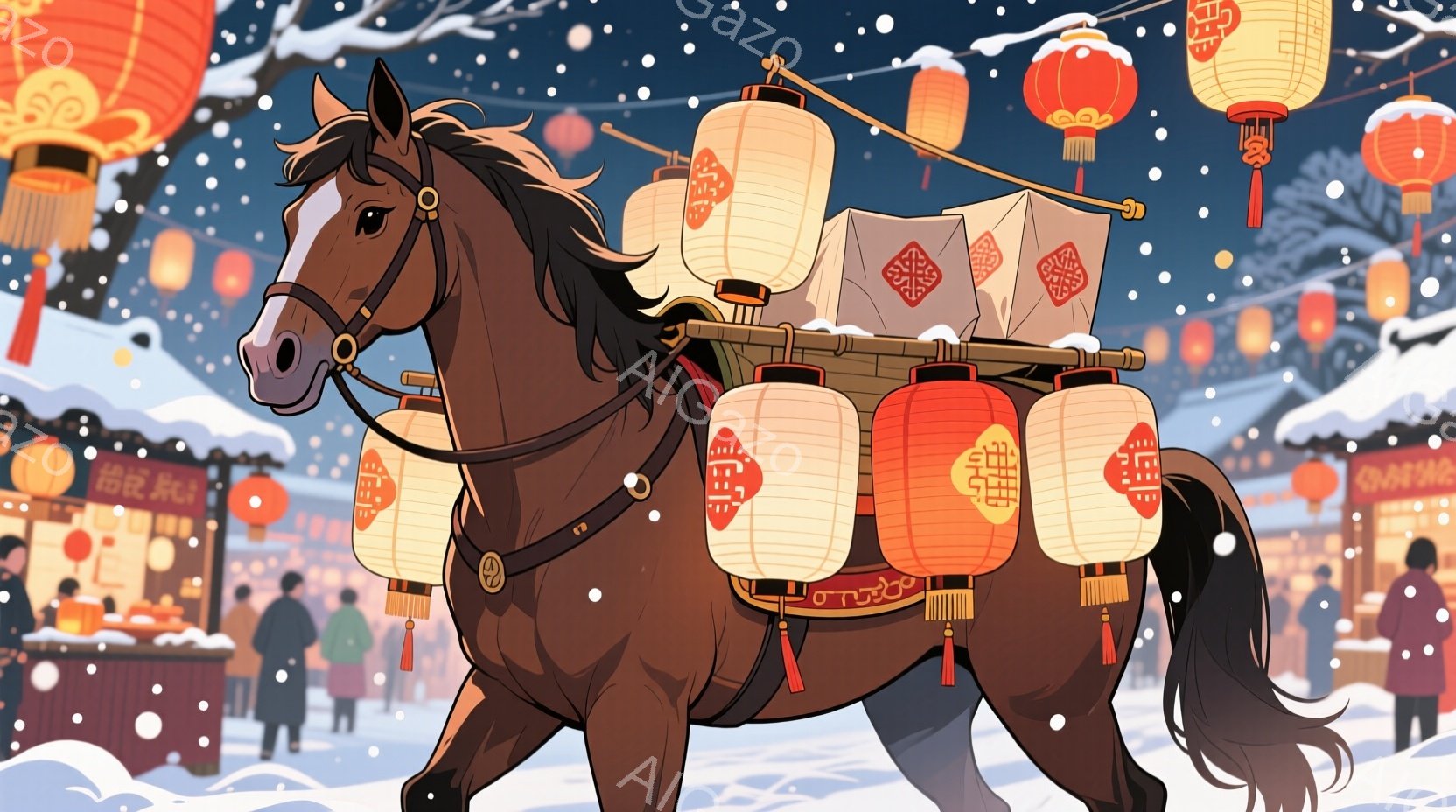 茶色の馬が雪の中を歩いている。馬の背には赤い提灯と白い箱が積まれ、赤い飾り紐が施されている。背景には、提灯で飾られた商店が並び、雪が舞う冬の祭りのような賑やかな雰囲気が漂っている。