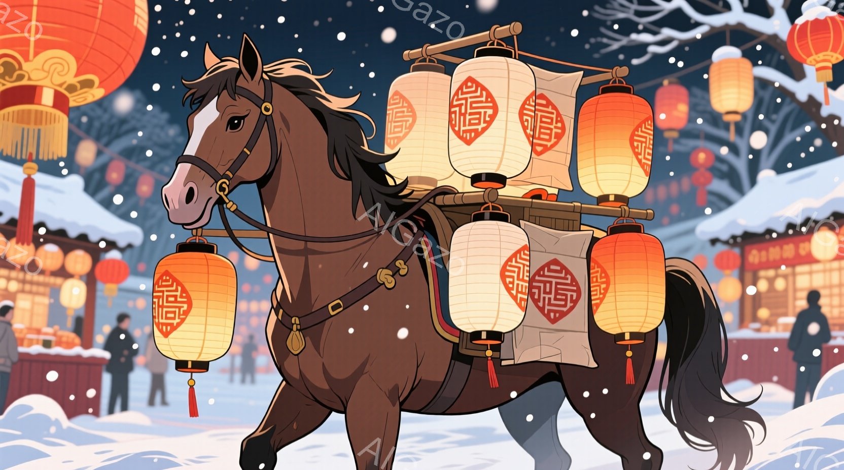 茶色の馬が、何個かの提灯を背負って雪の中を歩いている。背景には赤い提灯が飾られた建物が並び、雪が降っている様子から、冬の祭りのような雰囲気が漂っている。馬の表情は穏やかで、静かで趣のある光景が印象的だ - AI生成フリー素材