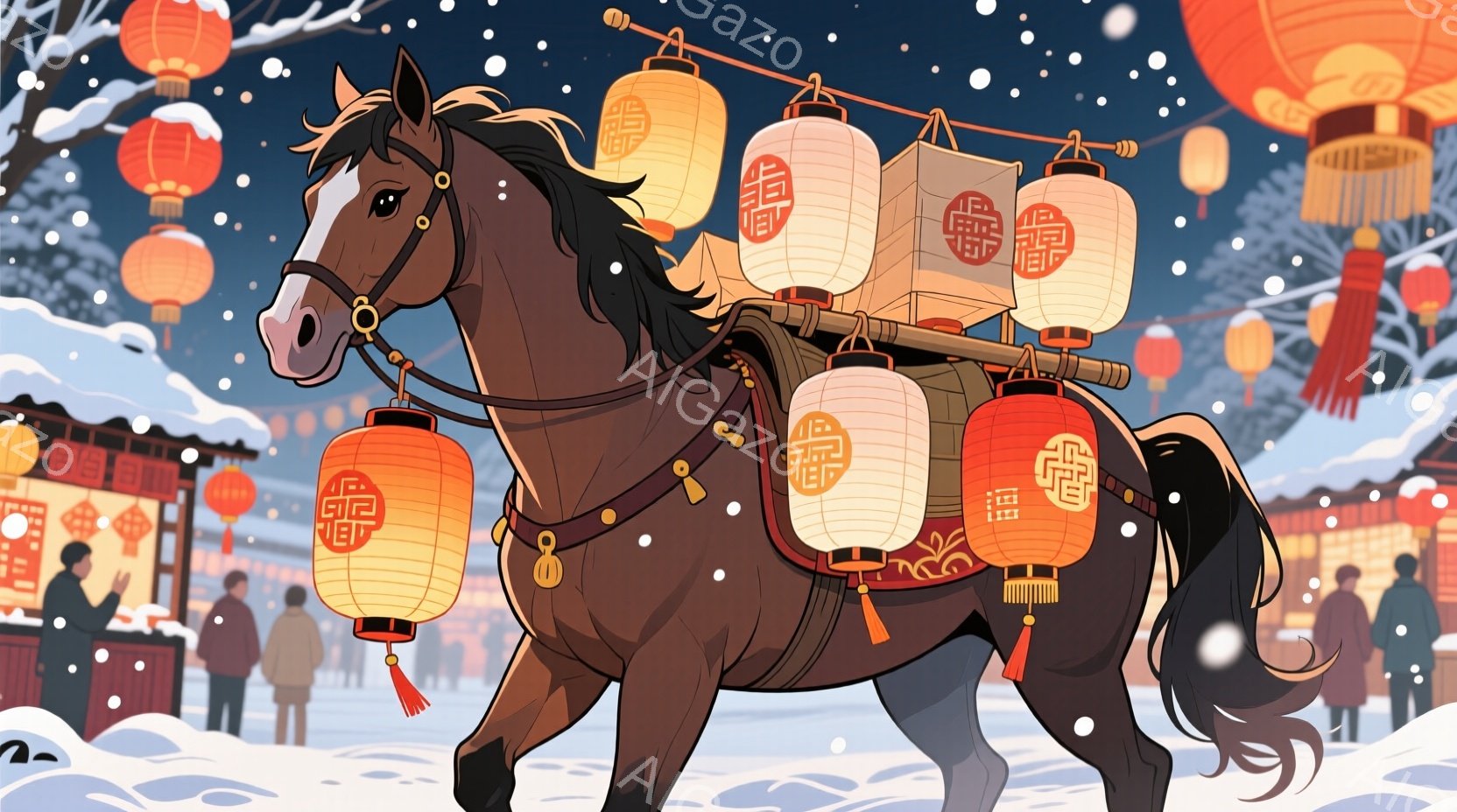 茶色の馬が雪景色の中を歩いている。馬の背中には、赤い模様の入った提灯が積み上げられており、まるで移動するお店のようだ。背景には、提灯が飾られた建物や人々が見え、お祭りか市場の賑やかな雰囲気が伝わってく - AI生成フリー素材