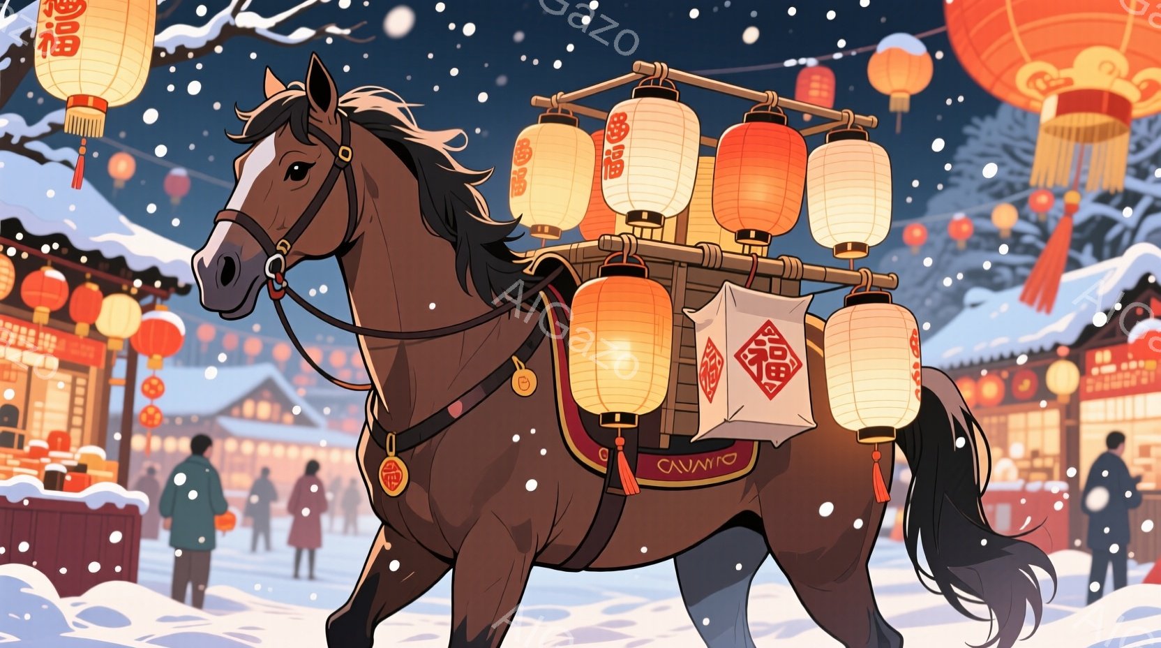 茶色の馬が雪景色の中を歩いている。馬の背中には提灯が積まれ、赤い装飾が施された鞍を付けている。背景には伝統的な建物が並び、雪が舞っていることで、お祭りや賑やかな雰囲気が感じられる。 - AI生成フリー素材