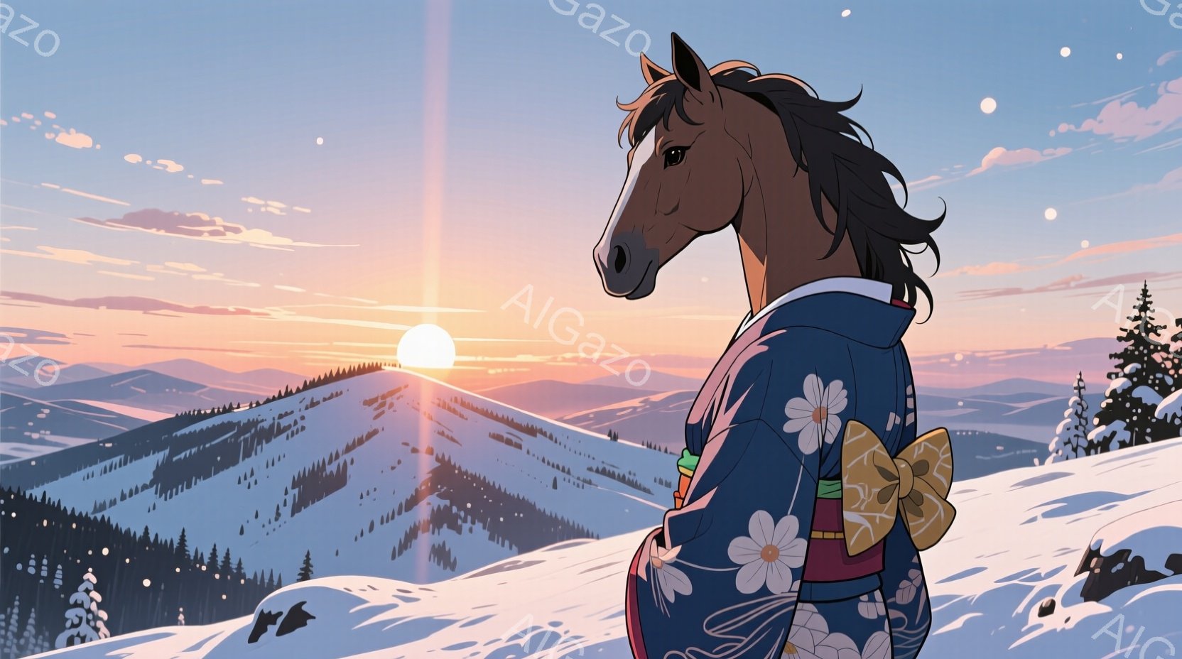 雪山を背景に、着物を着た茶色の馬が描かれている。着物は濃い青色で、白い花模様が散りばめられており、腰には明るい黄色の帯が締まっている。馬は横顔で、遠くを見つめ、その姿は静かで優雅であり、冬の景色と調和している。