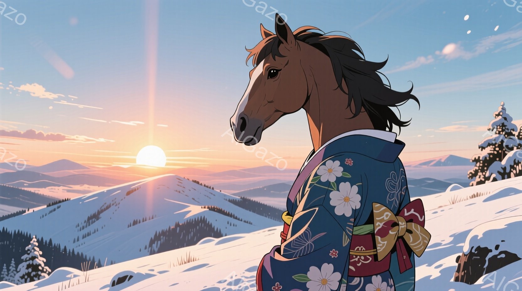 雪山を背景に、鮮やかな青色の花柄の着物を着た馬が描かれています。馬は横向きで、首を少し曲げ、夕焼け空を見つめているようです。背景には、雪をまとった山々が連なり、穏やかで幻想的な雰囲気が漂っています。 - AI生成フリー素材