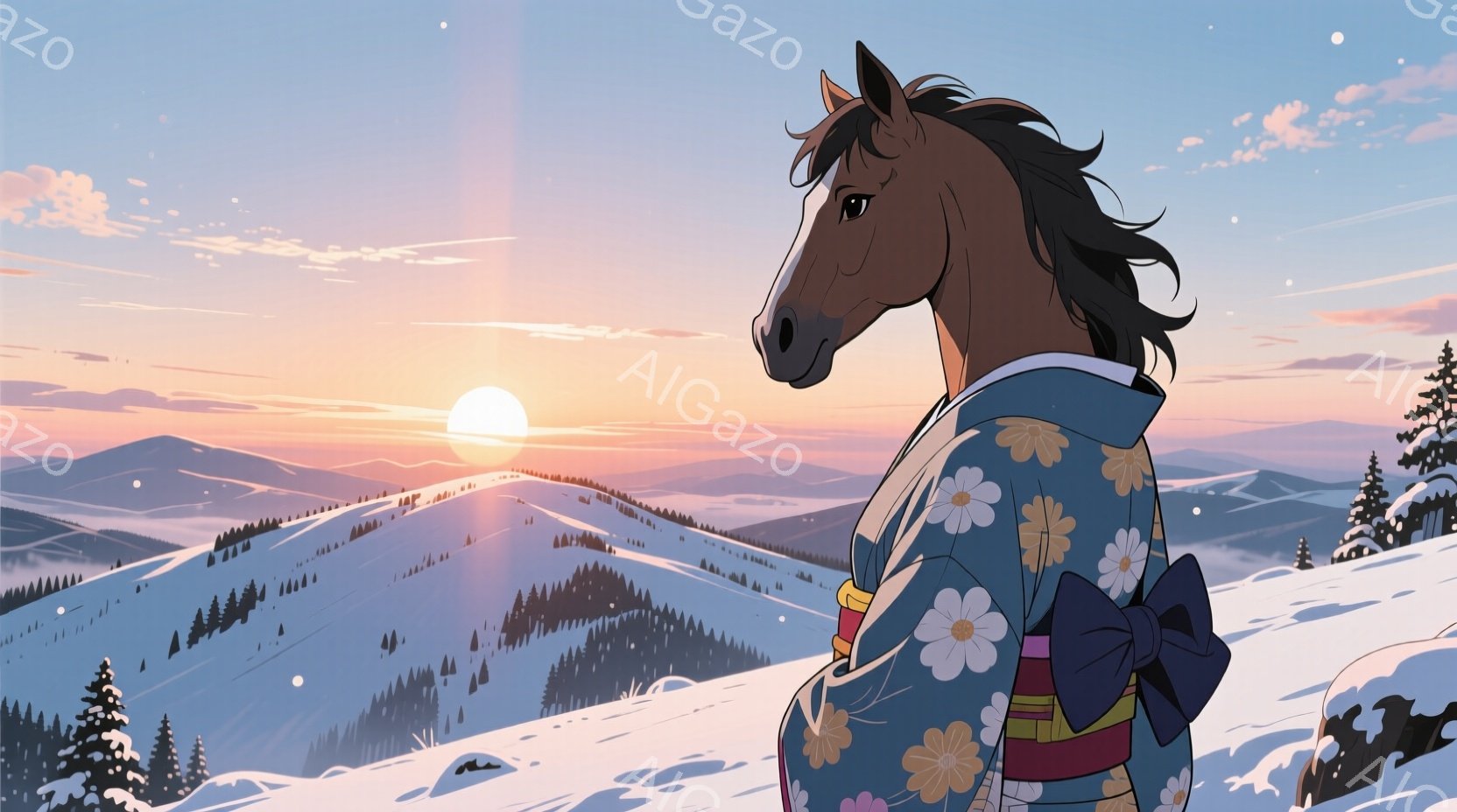 雪山を背景に、着物を着た栗色の馬が描かれています。馬は青地に白い花模様の着物をまとい、赤い帯で結ばれており、後ろには大きな赤いリボンがついています。背景には、雪をかぶった山々と、夕焼けの空が広がり、穏やかで幻想的な雰囲気を醸し出しています。