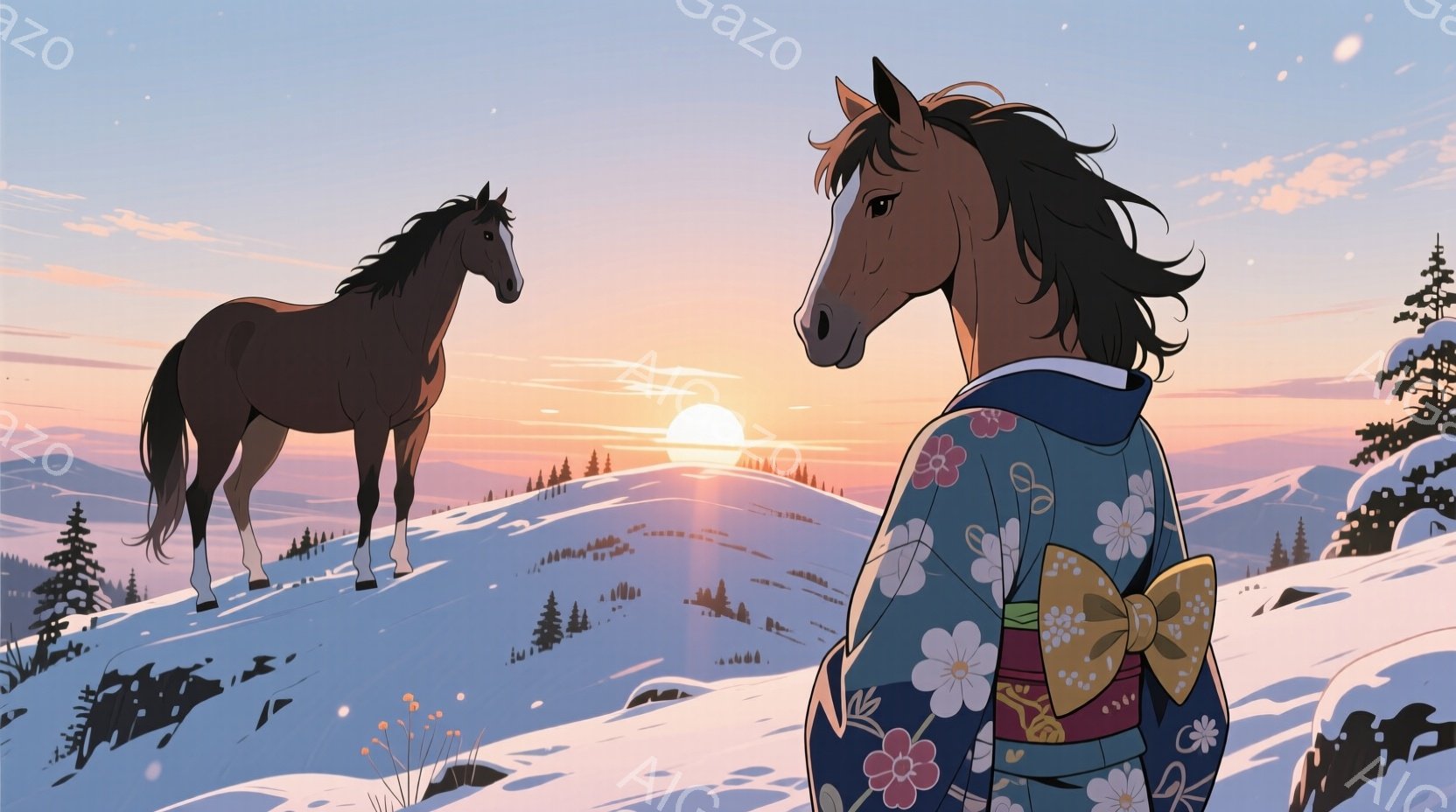 雪に覆われた丘の上に、茶色の馬が一頭立っている。女性は鮮やかな花柄の着物と、後ろで大きく結ばれたリボンで髪を飾っており、遠くの馬を見つめている。背景には、針葉樹の森と、地平線から昇る太陽が広がり、静か - AI生成フリー素材