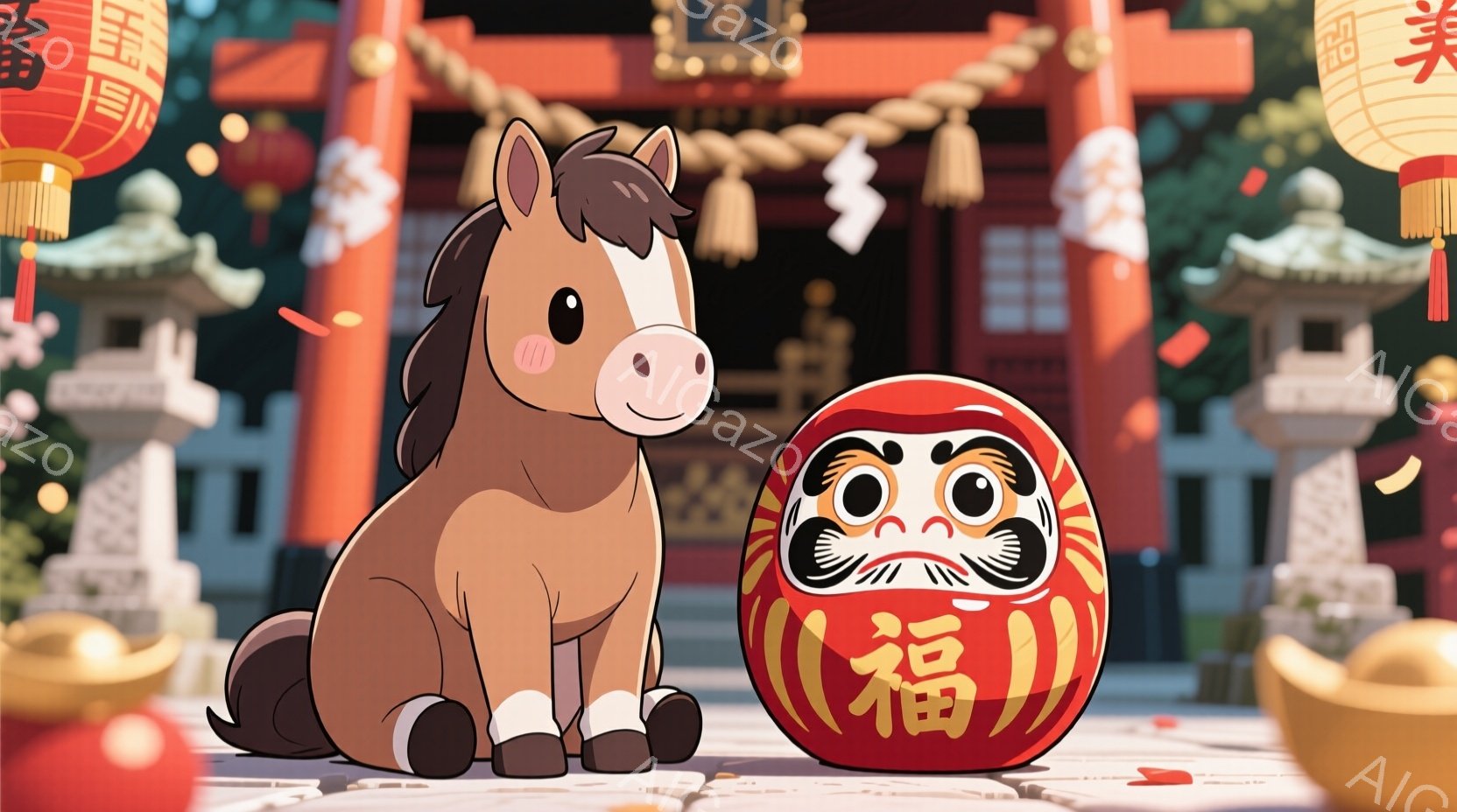 暖かく柔らかな色調の画像で、愛らしい子馬が大きなだるまの横に座っています。背景には朱色の社殿と屋根、そして提灯が並び、日本の伝統的なお祭りの雰囲気が漂っています。子馬は可愛らしい表情で、だるまの文字「 - AI生成フリー素材