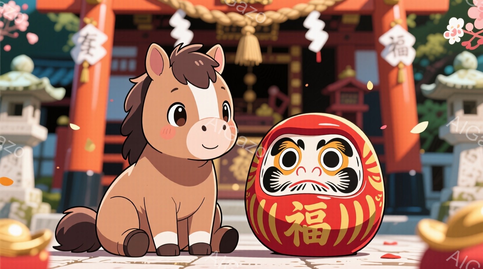 暖色系の背景には、日本の伝統的な建物が見え、桜の花びらが舞っています。茶色の小さな馬が、大きな赤い達磨の人形と並んで座っており、穏やかな表情で正面を見ています。全体的に、温かく、穏やかで、お祝いの雰囲気を感じさせます。