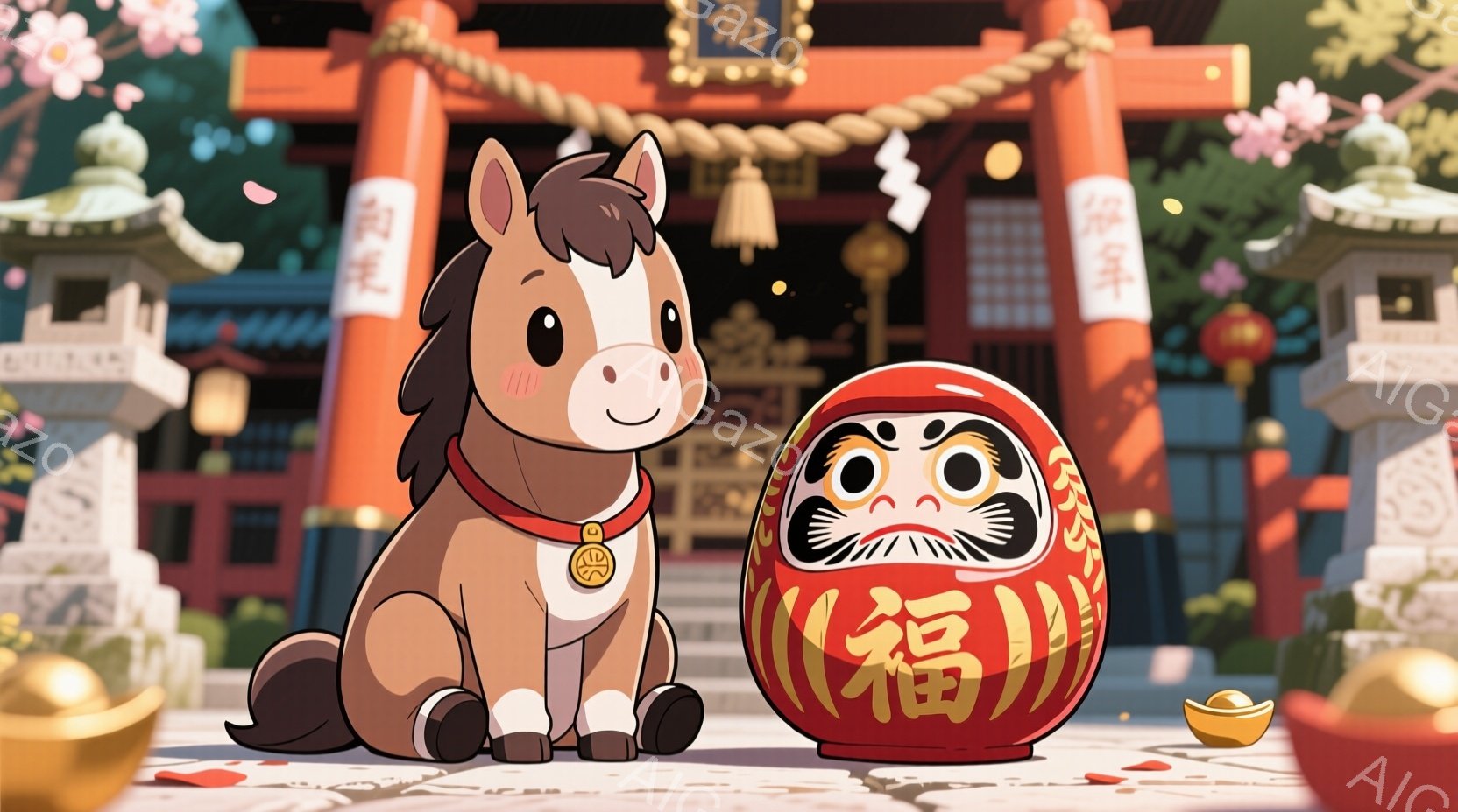 暖かく穏やかな雰囲気のイラストで、可愛らしい茶色の馬が、赤い縁起の良いだるまのおもちゃの横に座っています。馬は金色の飾りを身につけ、穏やかな表情でこちらを見つめており、背景には美しい寺院と桜の花びらが - AI生成フリー素材