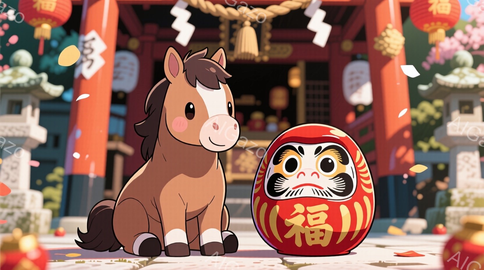 かわいらしい栗色の馬と、赤いだるまのおもちゃが描かれています。馬は正面を向き、少し微笑んでおり、だるまは馬の隣に座っています。背景には、日本の伝統的な寺院が見え、提灯や紙吹雪が飾られており、お祭りや祝い事の雰囲気が漂っています。
