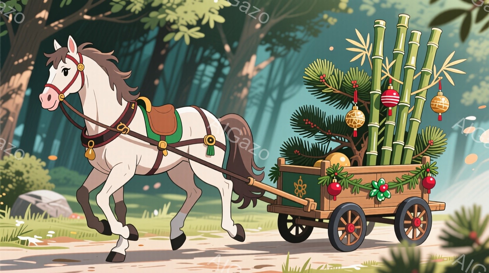 白い馬が、クリスマスツリーや飾り付けされた竹を積んだ馬車を引いています。馬は茶色の鞍を背負い、楽しげな表情で疾走しており、背景には緑豊かな森が広がっています。全体的に、クリスマスの装飾が施された冬の森を駆け抜ける、温かくお祝いムードに満ちた情景です。