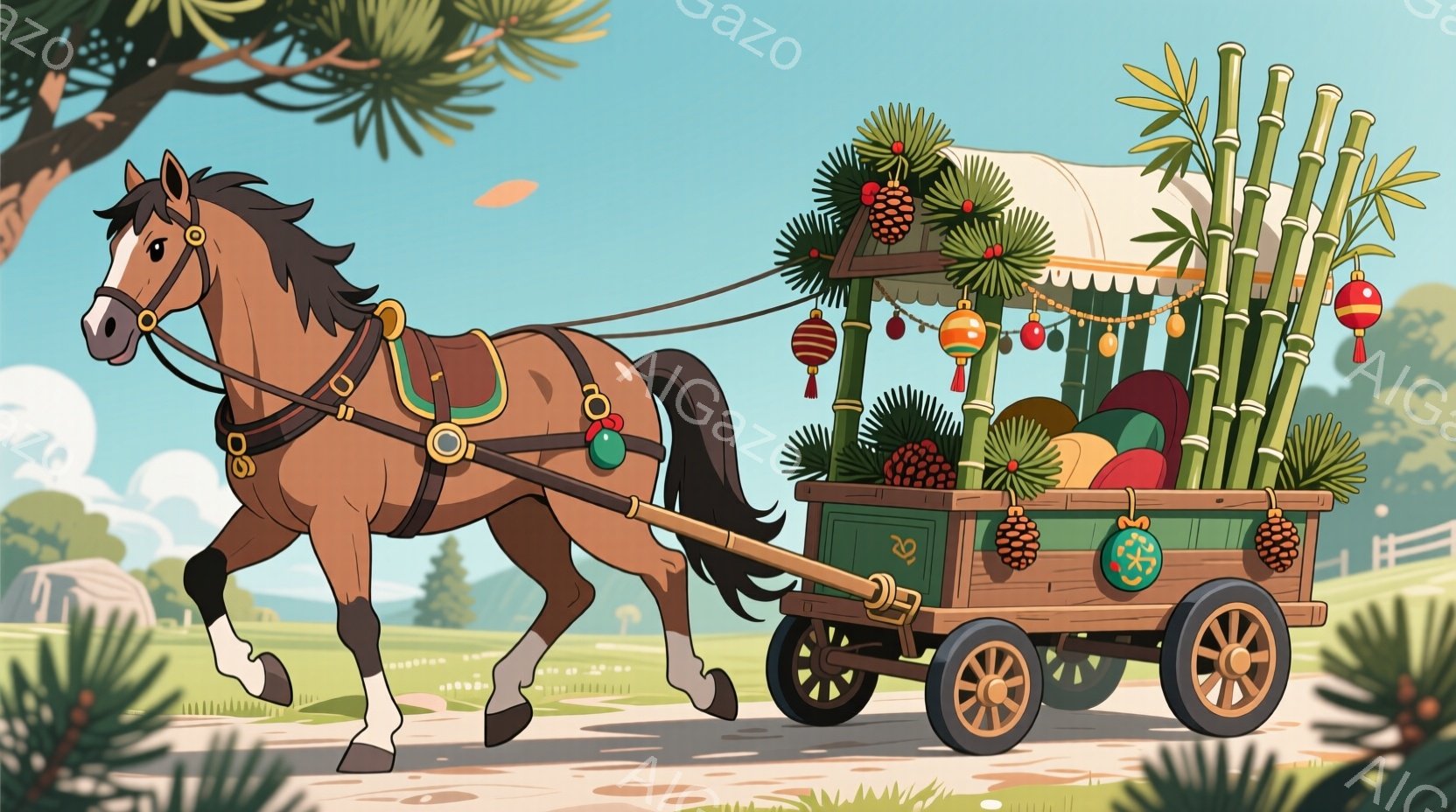 茶色の馬が、クリスマスの飾り付けが施された荷車を引いています。荷車にはクリスマスツリー、プレゼント、松ぼっくりなどが積まれ、賑やかな雰囲気を醸し出しています。背景には緑豊かな木々や建物が見え、穏やかな - AI生成フリー素材