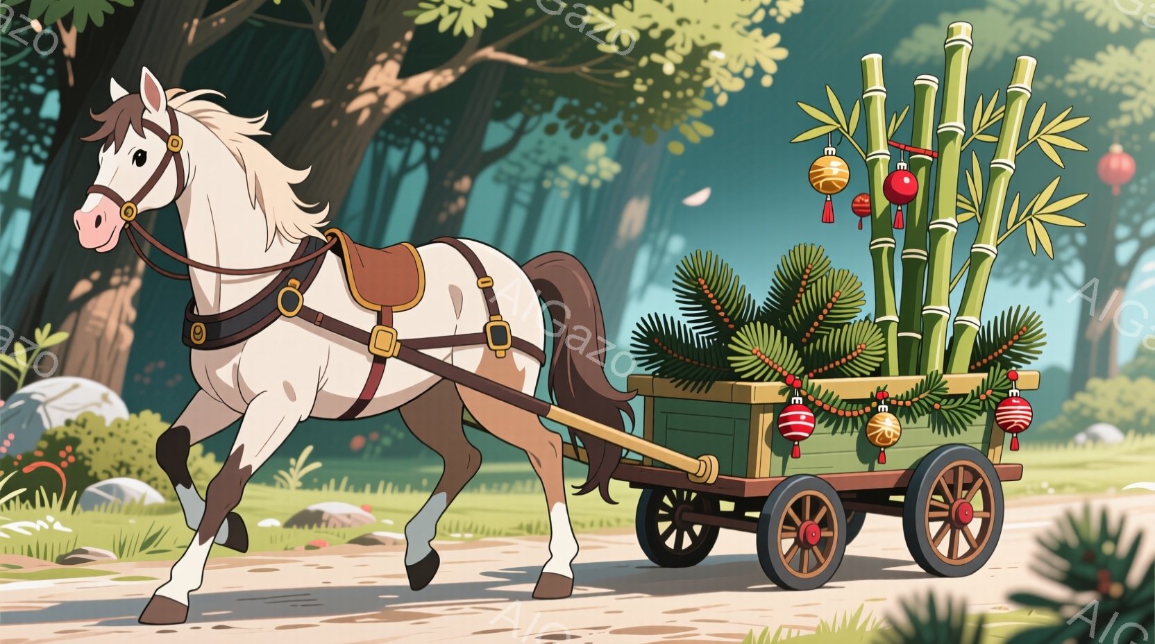 白い馬が、赤い飾りと緑の葉っぱでいっぱいの荷車を引いています。背景には緑豊かな木々と、日当たりの良い自然の風景が広がっており、全体的に穏やかで平和な雰囲気が漂っています。馬は活発に前進しており、装飾さ - AI生成フリー素材