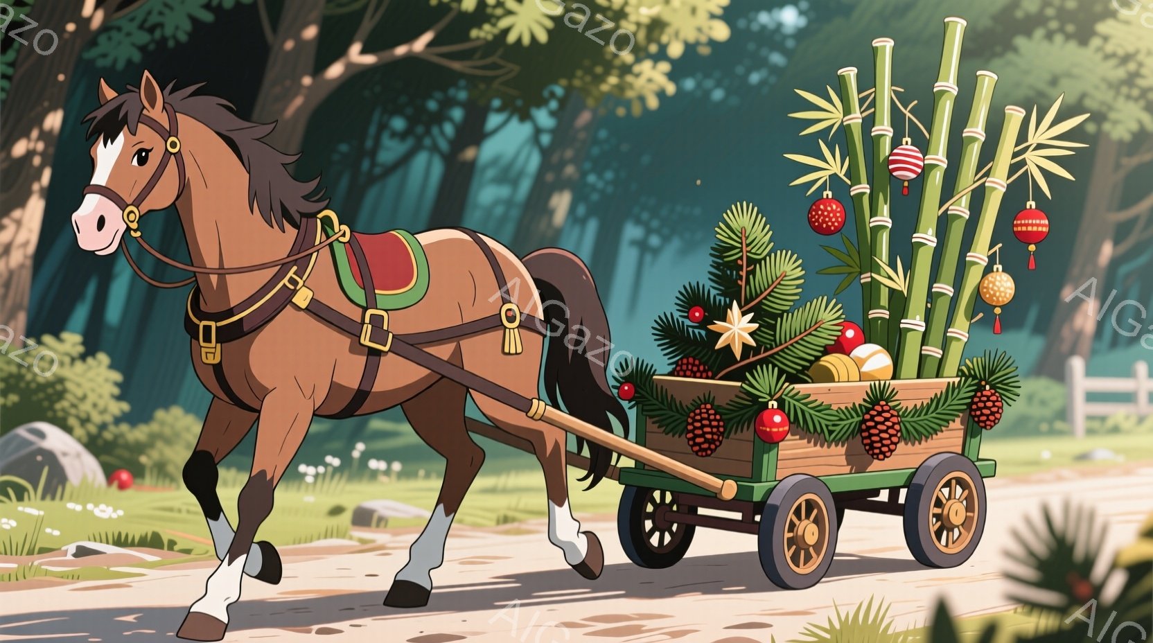 茶色の馬が、装飾された荷車を引いています。荷車には、クリスマスツリーのような緑の葉と赤い実、そして竹が飾られており、お祭りや祝祭の雰囲気が漂っています。背景には、緑豊かな自然とぼんやりとした建物が見え - AI生成フリー素材