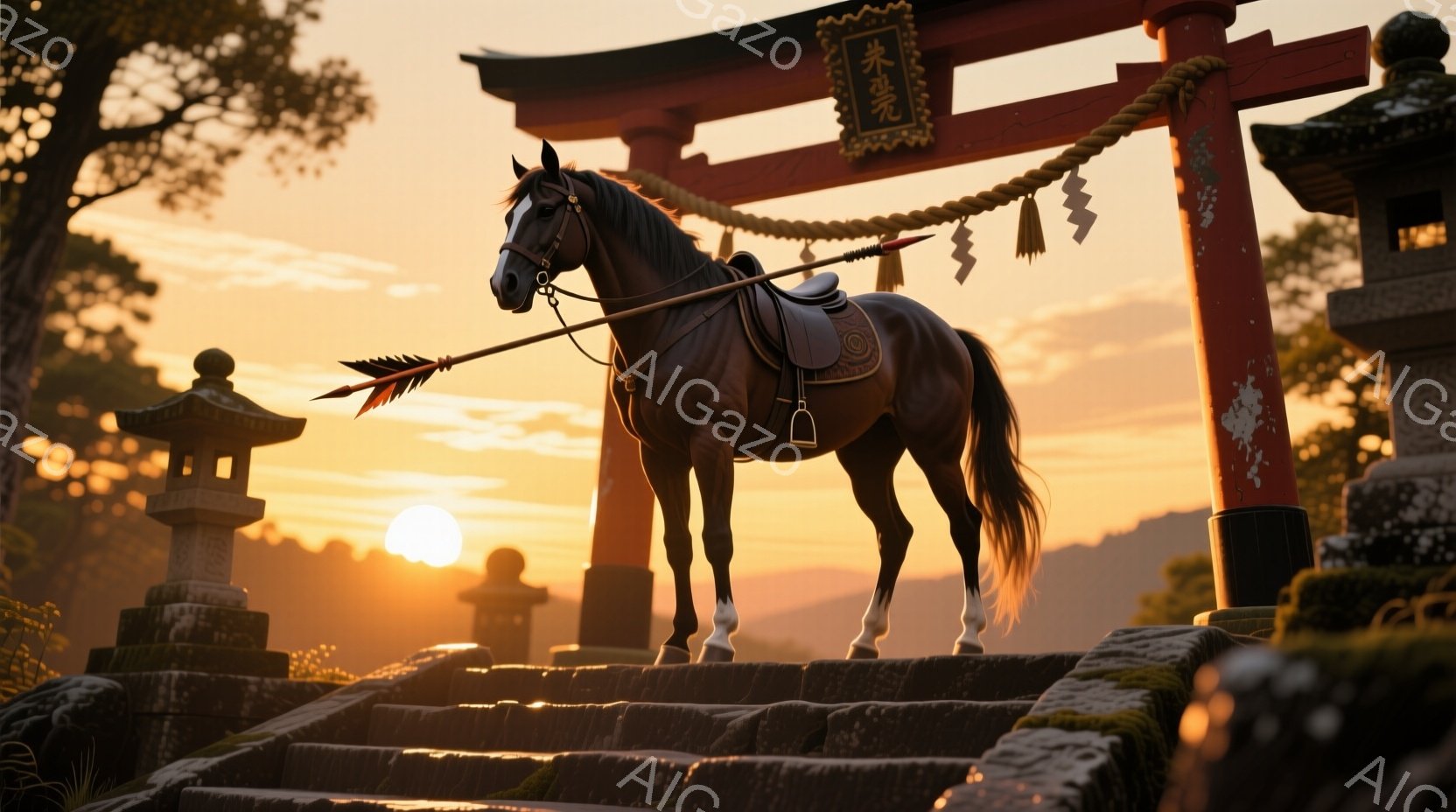 夕暮れ時の神社の石段に、茶色の馬が立っている。馬は鞍と手綱を身につけ、背中に矢が一本刺さっているが、表情からは苦痛は感じられない。背景には赤い鳥居と石灯籠が見え、夕焼けが空をオレンジ色に染め上げ、厳かで神秘的な雰囲気を醸し出している。