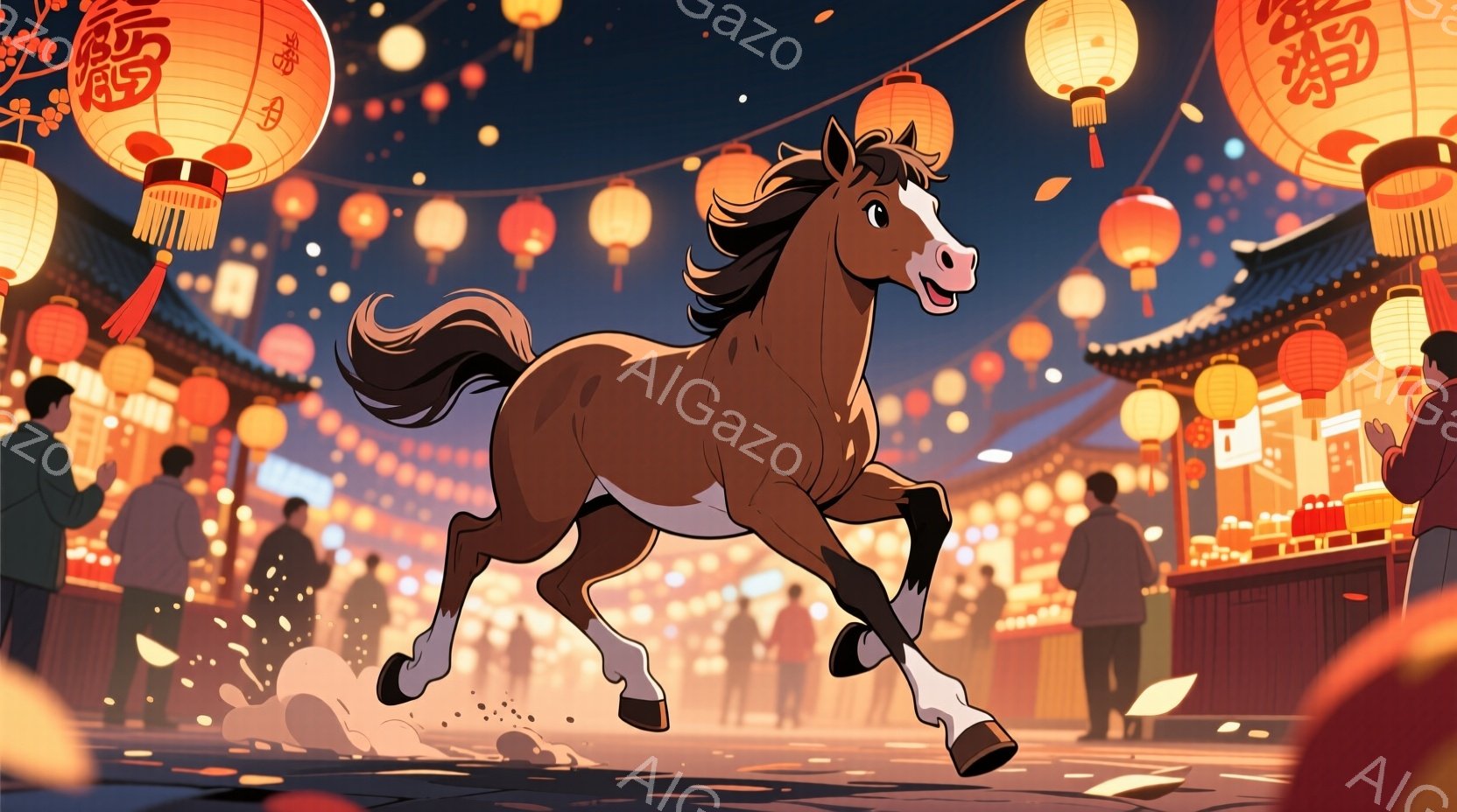 茶色い馬が、提灯が灯る賑やかな市場を駆け抜けている。市場は伝統的な建物が並び、人々がぼんやりと背景に描かれているが、馬の躍動感が際立っている。全体的に暖色系の色調で、お祭りのような活気のある雰囲気が漂 - AI生成フリー素材