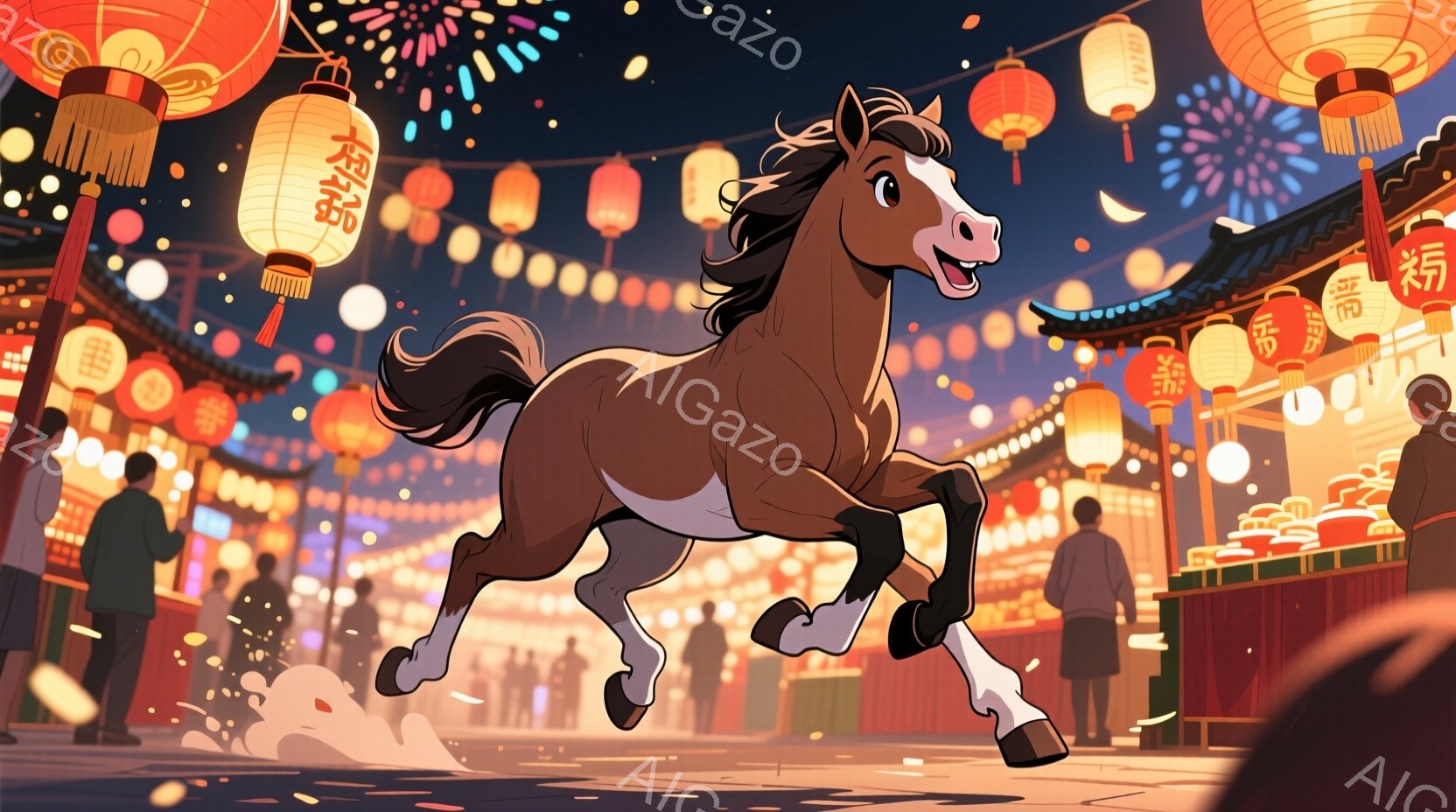 賑やかな夜の市場を、栗毛の馬が躍動的に駆け抜けている。背景には提灯が灯り、人々が楽しそうに歩き回っており、馬の足元には土埃が舞い上がっている。全体的に、お祭りのような華やかで活気のある雰囲気が漂っている。