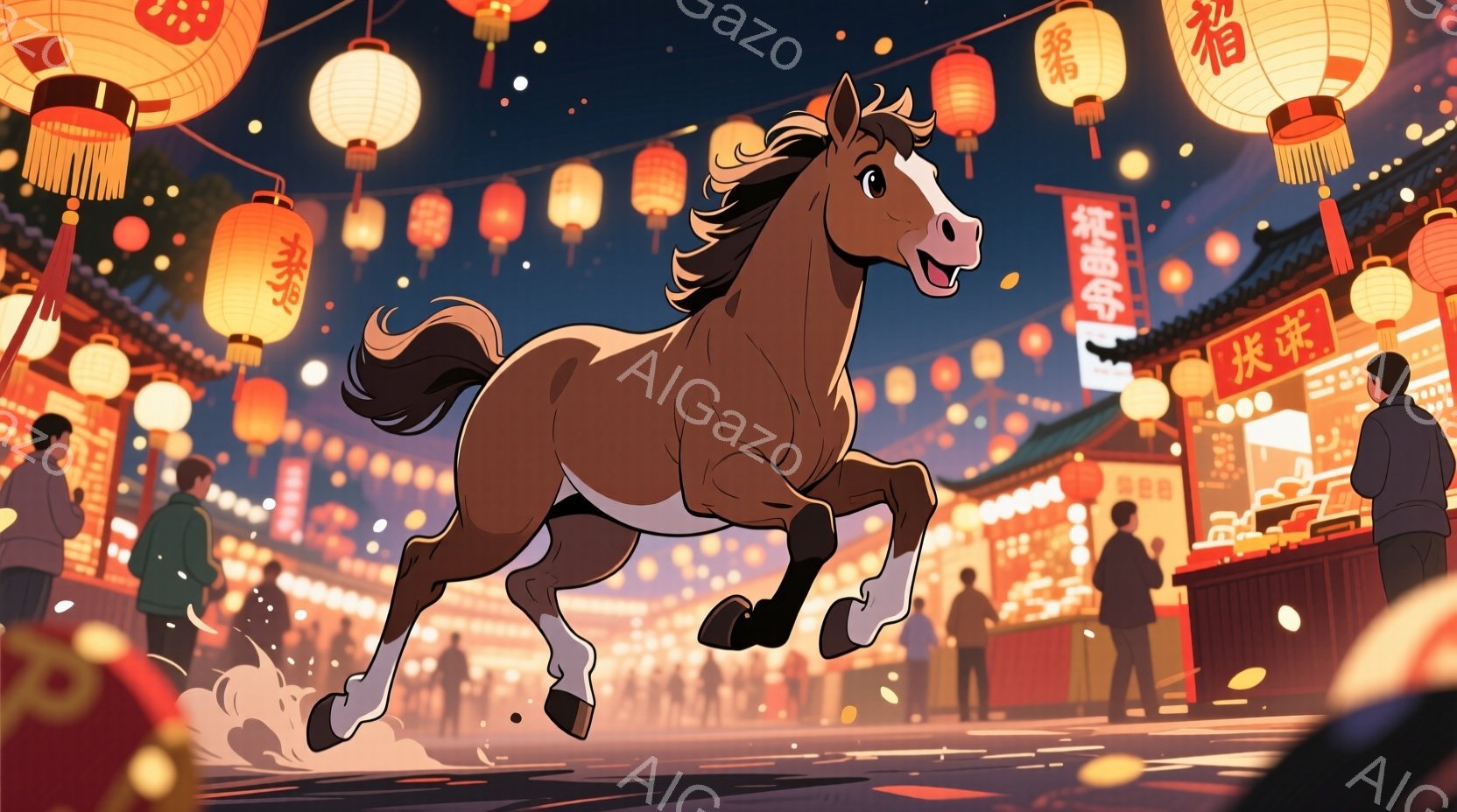 赤毛の馬が賑やかな市場を駆け抜けている様子が描かれています。背景には提灯が飾られた店並みが続き、人々が買い物や談笑を楽しんでいます。全体的に活気にあふれ、お祭りやイベントのような華やかな雰囲気が漂って - AI生成フリー素材