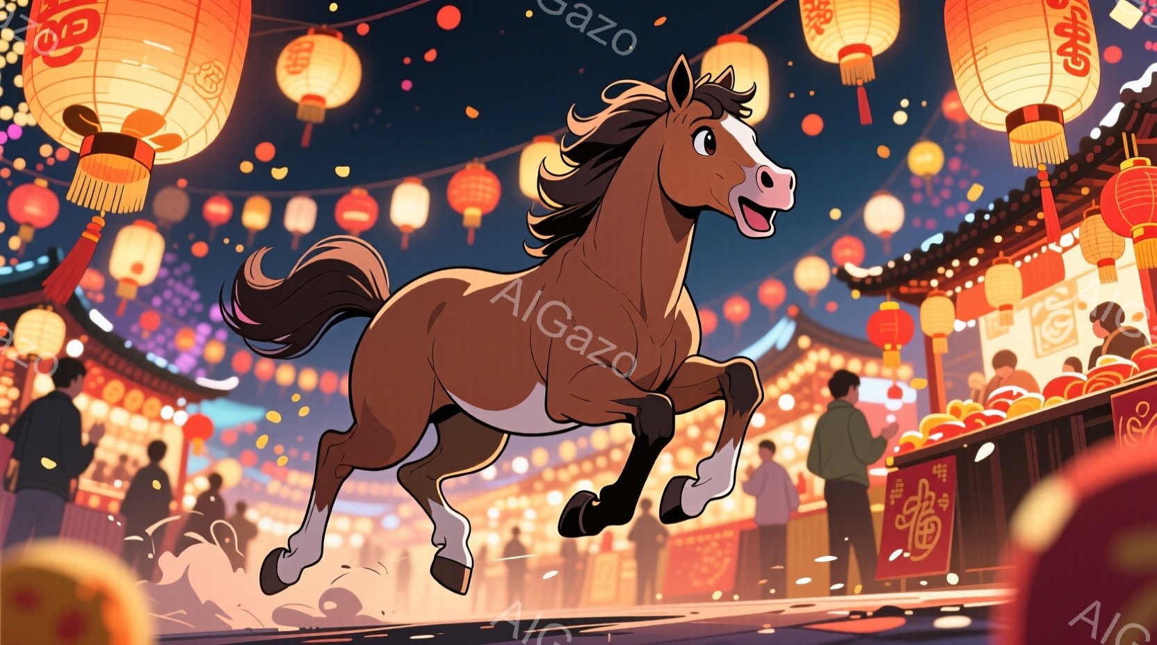 茶色の馬が賑やかな祭りの通りを力強く駆け抜けている。背景には赤い提灯が灯り、人々が楽しげに歩いている。全体的に明るく、お祭り気分を盛り上げる活気ある雰囲気である。 - AI生成フリー素材