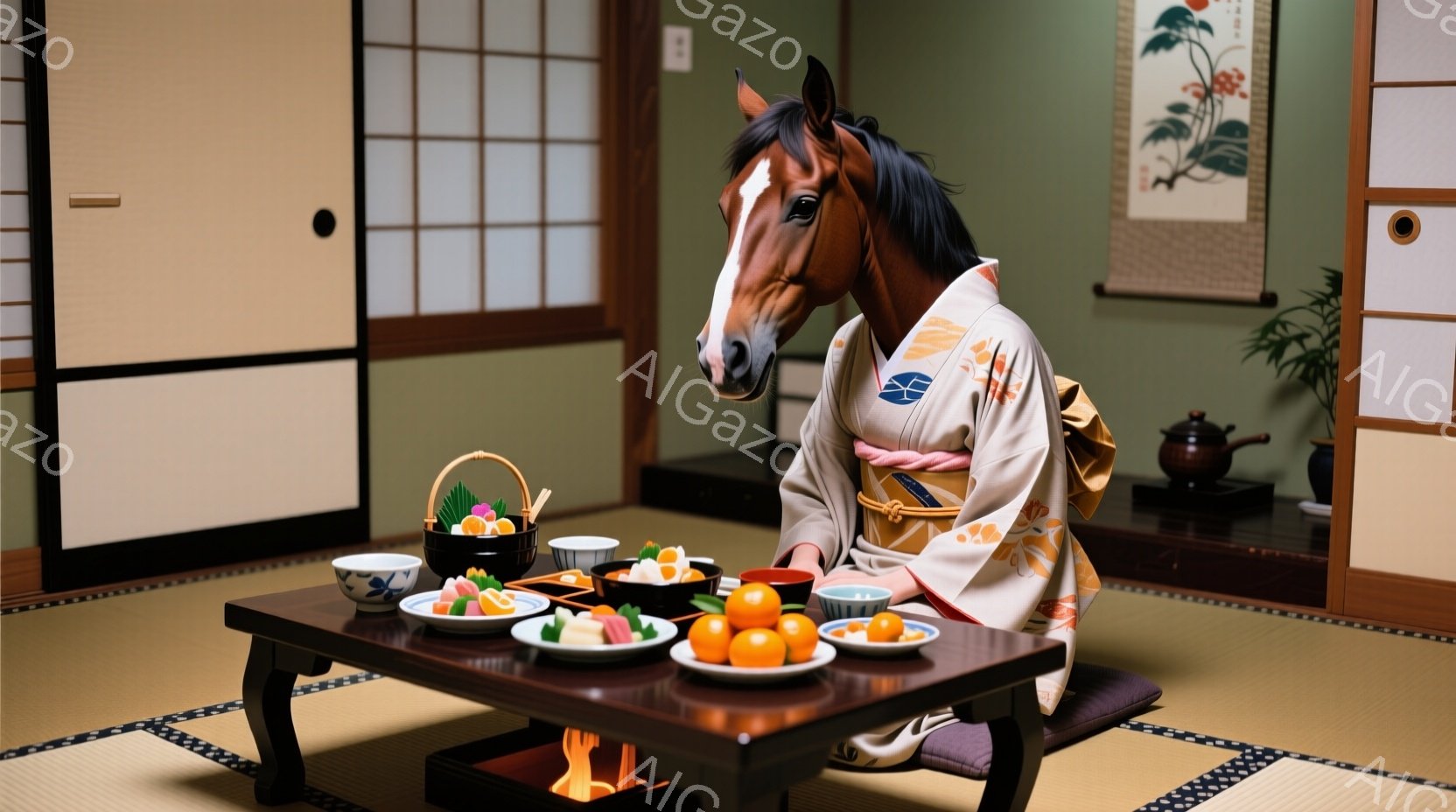 畳の部屋で、着物を着た馬が正座して低いテーブルを囲んでいます。テーブルの上には、お菓子や果物が盛り付けられた様々な器が並び、中央には小さな火鉢があります。背景には掛け軸と観葉植物が見え、落ち着いた緑色 - AI生成フリー素材
