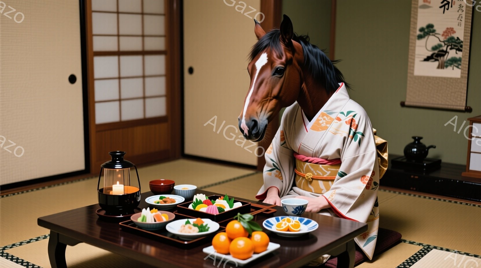 畳の上に座っているのは、着物を着た馬の頭部です。テーブルには、果物や小さな料理が並べられたお皿が置かれ、提灯が灯されています。背景には、掛け軸と襖があり、落ち着いた雰囲気の日本家屋の一室を表現しています。