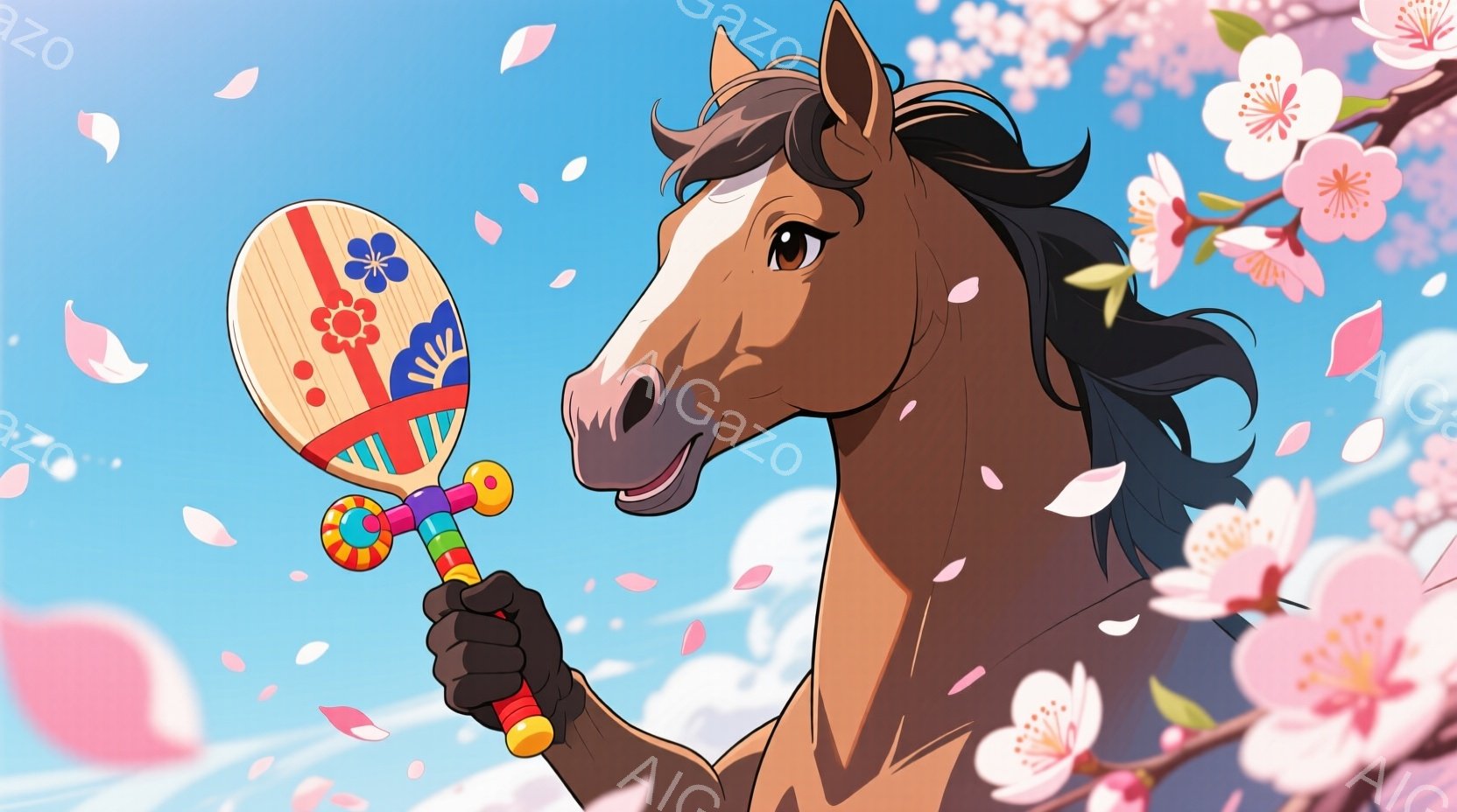 茶色の馬が桜の花びらが舞う中で、色鮮やかな手持ち扇子を持っています。馬は少し微笑んでおり、優しい表情をしています。背景にはピンク色の桜の花が咲き乱れ、春の暖かく穏やかな雰囲気が漂っています。 - AI生成フリー素材