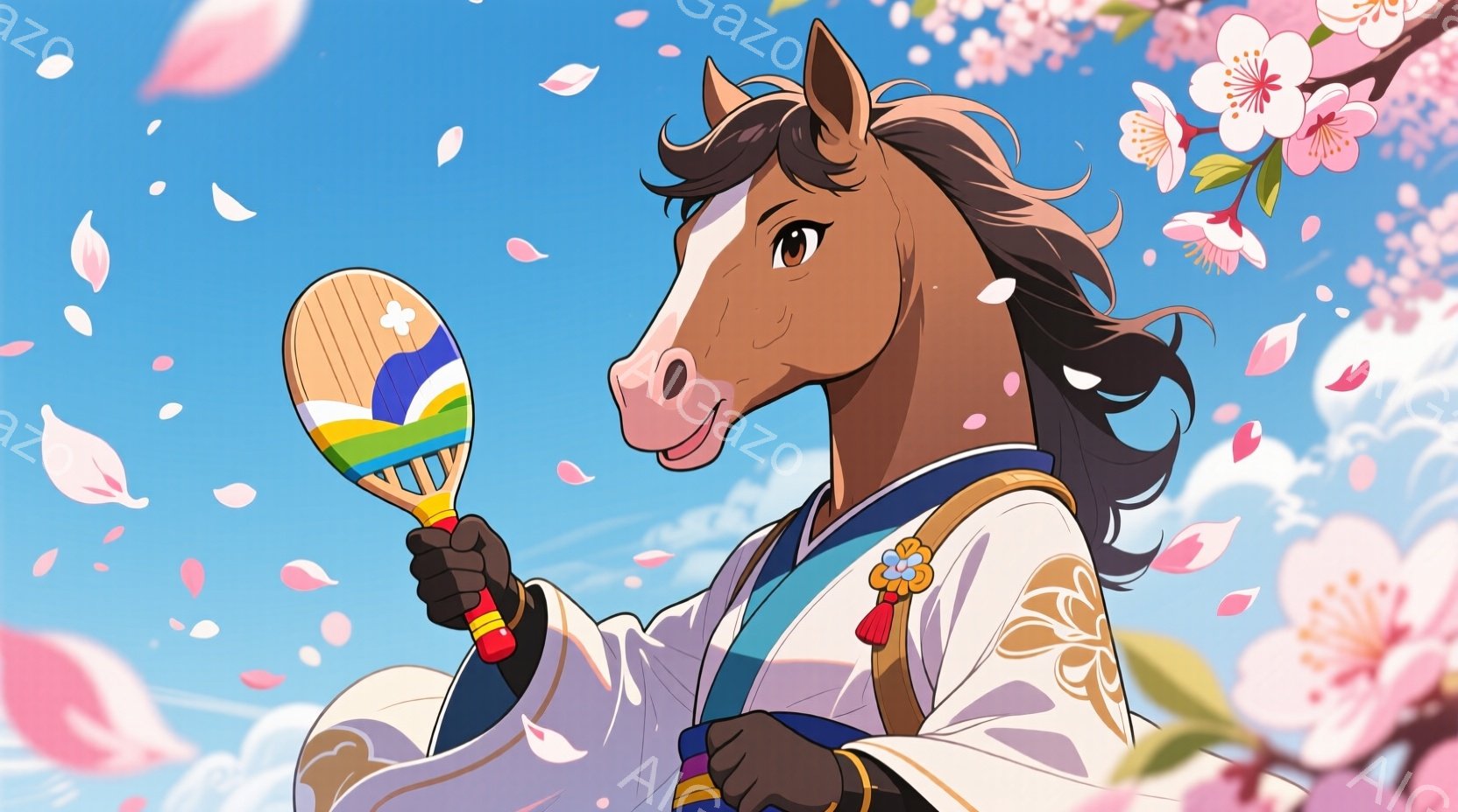 茶色の馬が、和風の衣装を身につけ、片手に色鮮やかな団扇を持っています。馬は少し上目線で微笑んでおり、黒い鬣が風になびいています。背景には桜の花びらが舞い散り、青空が広がり、春の穏やかな雰囲気が漂ってい - AI生成フリー素材