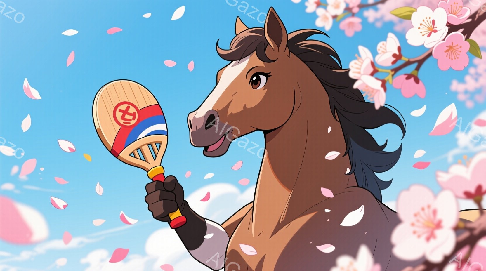 茶色の馬が桜の花びらが舞う中で、片手に扇子を持って立っています。扇子には赤い円の中に白い文字が入った模様が描かれており、馬は少し口を開けて微笑んでいます。背景には、ピンク色の桜の花と、穏やかな青空が広 - AI生成フリー素材
