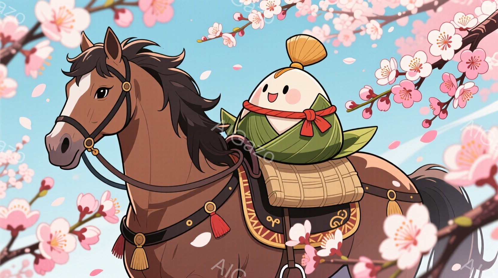 茶色の馬が桜の花が咲き乱れる中を疾走している。馬の背中には、笠をかぶり、緑色の衣装を身に着けた可愛らしい人型のお菓子が乗っており、楽しそうな表情をしている。背景には、淡いピンク色の桜の花びらが舞い、春 - AI生成フリー素材
