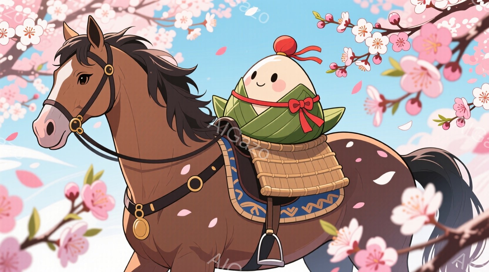 茶色の馬が桜の花びらが舞う中を歩いています。馬の背中には、緑色の葉で包まれた卵のようなキャラクターが乗っており、赤いリボンがついています。背景には、ピンク色の桜の花が咲き乱れ、春の穏やかな雰囲気を醸し - AI生成フリー素材