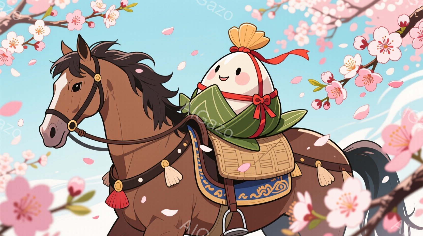 茶色の馬が桜の花びらが舞う中で疾走しています。馬の上には、甲冑を身につけた卵のようなキャラクターが座っており、緑色の装束を羽織っています。背景には桜の枝が広がり、春の暖かく穏やかな雰囲気を演出していま - AI生成フリー素材