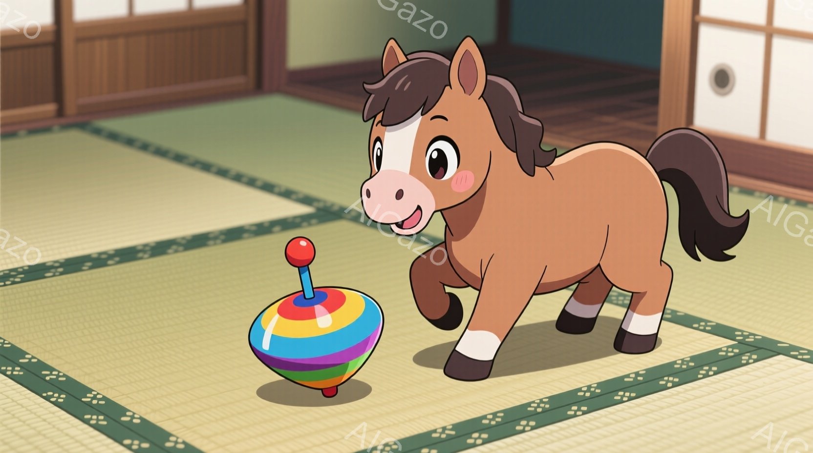 畳の上に可愛らしい茶色のヒツジが描かれています。ヒツジは白い靴下を履いており、嬉しそうにカラフルなコマを見つめています。背景はシンプルな和室で、全体的に温かく優しい雰囲気が漂っています。 - AI生成フリー素材