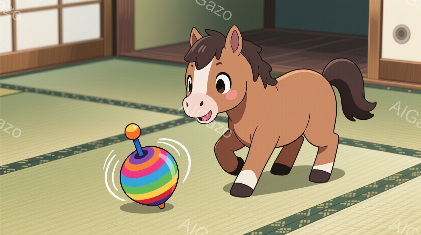 茶色の小さな馬が畳の上を駆けている様子が描かれています。馬は嬉しそうに微笑み、黒い鬣と足元には白いソックスを履いています。背景には、鮮やかな色のコマが回転しており、畳の部屋の落ち着いた雰囲気に、遊び心と活気が加わっています。