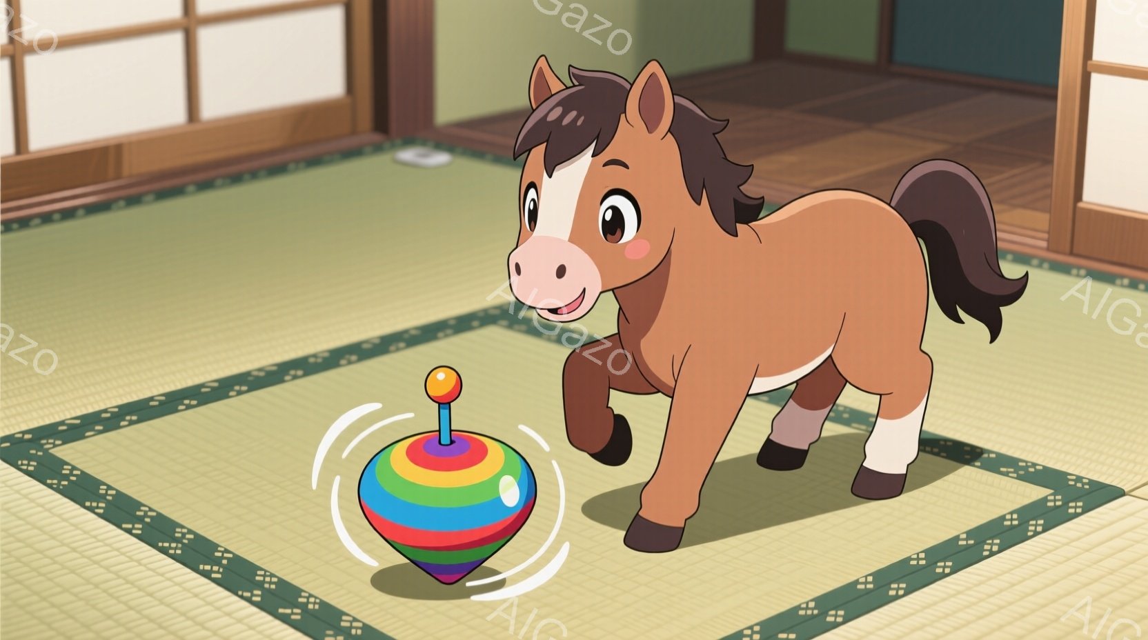 畳の上に、茶色の馬がいます。馬は前足を上げて走り、カラフルなこまに興味津々な表情をしています。背景は薄暗い和室で、畳の縁取りと壁の一部が見えます。
