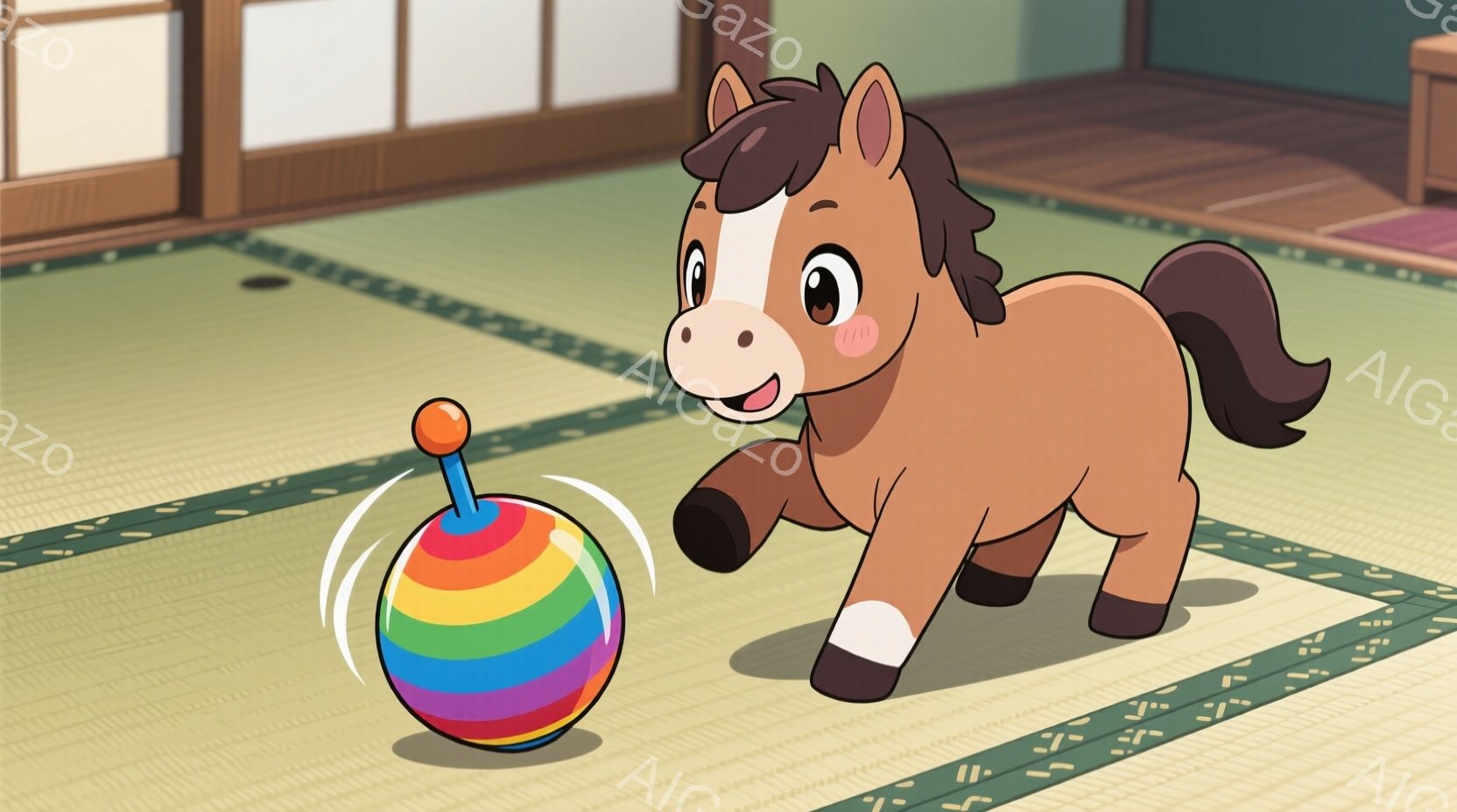 明るい茶色の幼い馬が畳の上に立っており、虹色のコマが回転している様子が描かれています。馬は白い靴下を履き、喜びの表情でコマを見つめています。背景には伝統的な日本の部屋の一角が見え、畳の床と木製の縁が確 - AI生成フリー素材