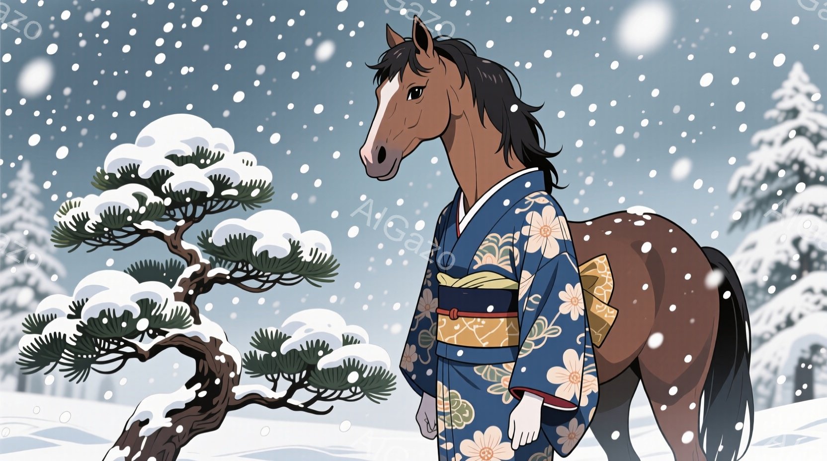 雪景色の中に、着物を着た馬が立っています。藍色地に白と黄色の花模様の着物をまとい、黒い帯で結ばれています。背景には雪を抱いた松の木と雪が舞う冬の風景が広がっており、静かで幻想的な雰囲気を醸し出していま - AI生成フリー素材