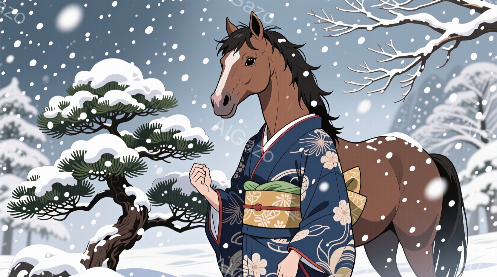 茶色の馬が着物を着て雪景色の中に立っている。着物は濃い青色を基調とし、白い花柄が描かれており、黄色い帯が締めてある。背景には雪に覆われた松の木や遠くに見える木々があり、全体的に静かで幻想的な雰囲気を醸 - AI生成フリー素材