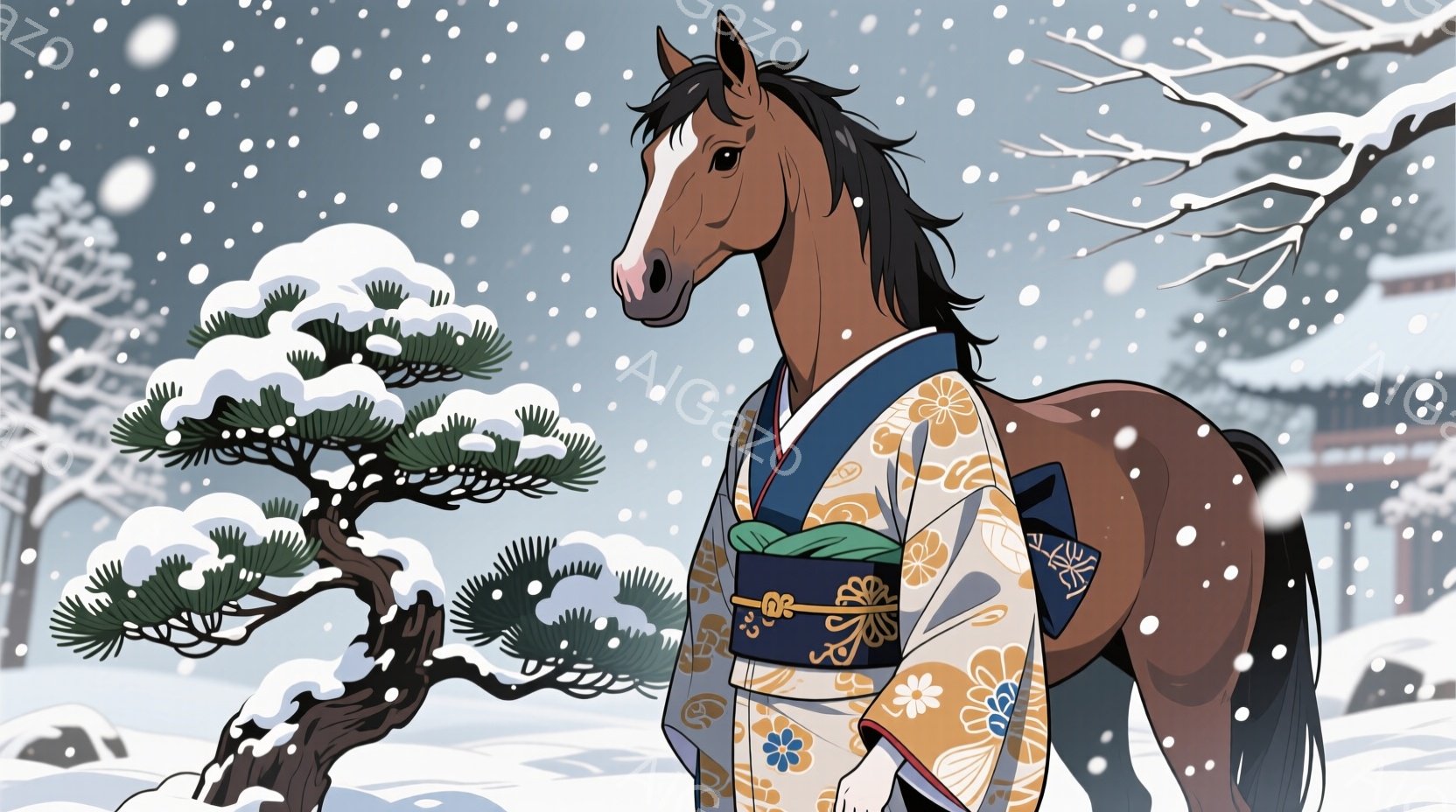 雪景色の中に、着物を着た馬が立っています。着物はクリーム色を基調とし、黄色、ピンク、水色の花柄が描かれており、緑色の帯が結ばれています。背景には雪に覆われた松の木と、日本の伝統的な建築様式の建物が見え - AI生成フリー素材