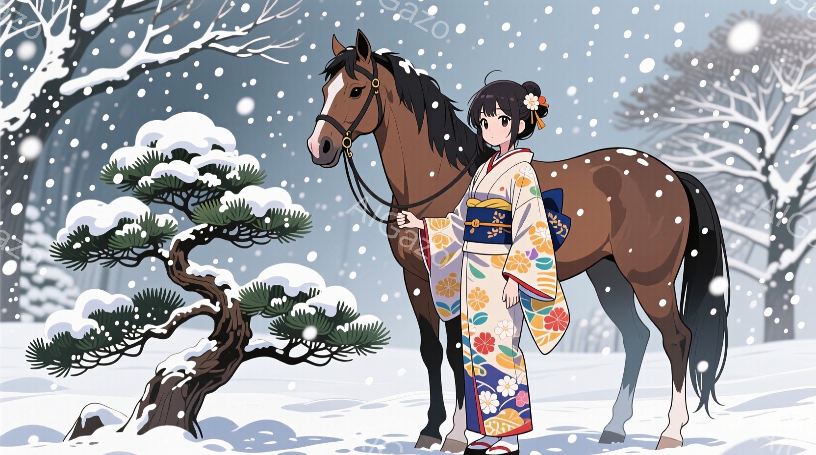 雪景色の中に、着物を着た女性と茶色の馬が立っています。女性は鮮やかな色の花柄の着物を着ており、黒髪を後ろでまとめ、かんざしをつけています。背景には雪の積もった木々があり、穏やかで静謐な冬の雰囲気が漂っています。