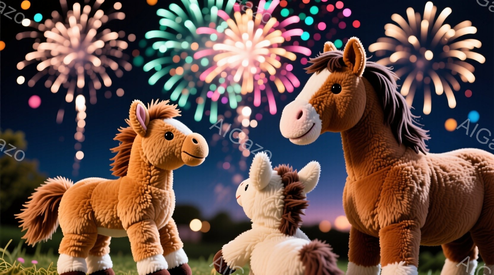牧草地には、大きな茶色の馬のおもちゃと、小さな白い馬のおもちゃが立っています。背景には、夜空を彩る花火が咲き乱れ、暖かい光が周囲を照らしています。全体的に、温かく、お祭り騒ぎのような、楽しげな雰囲気が漂っています。