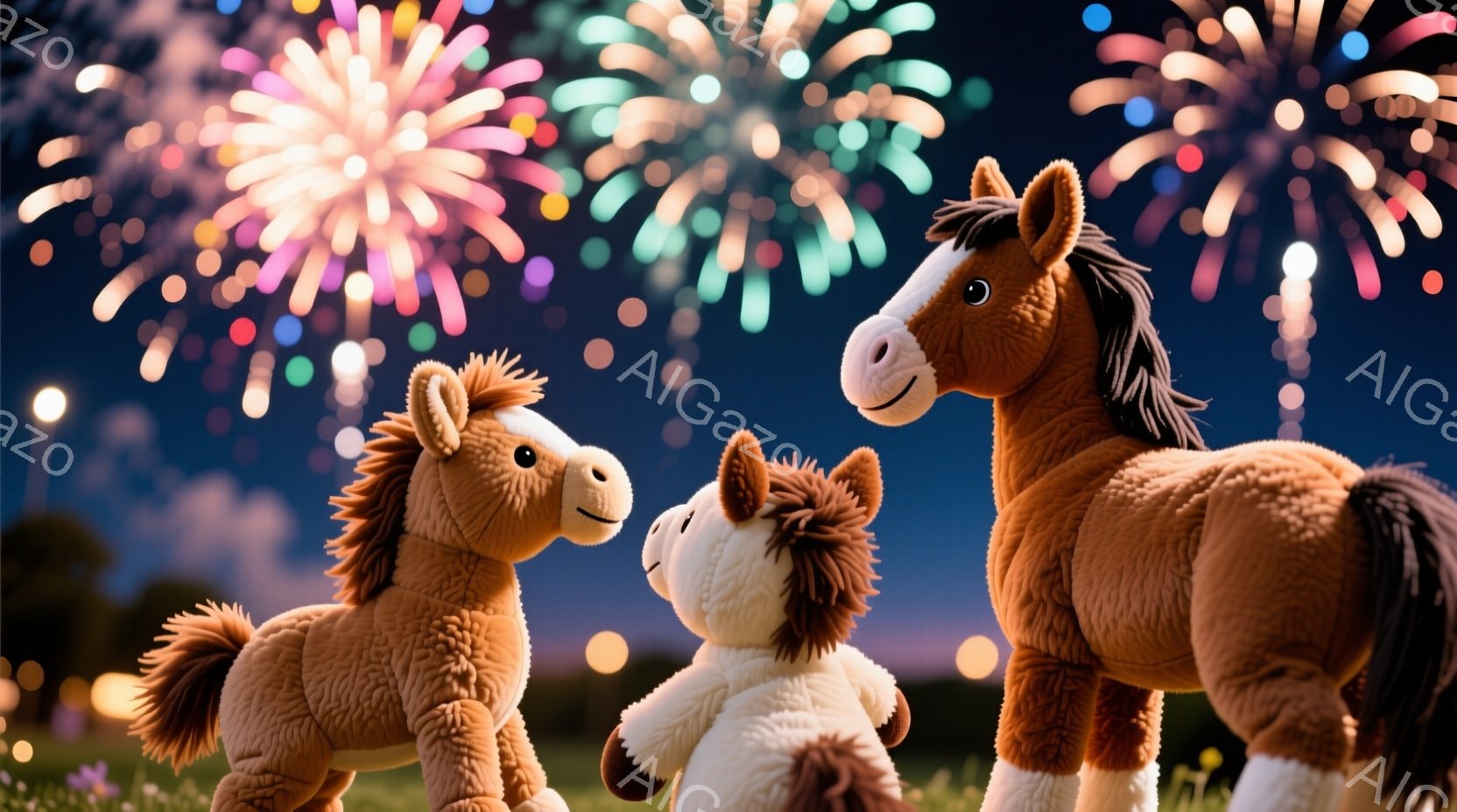 柔らかい茶色の毛並みを持つ三匹のぬいぐるみ馬が、緑の草の上に立っている。一番大きな馬は右側に立っており、左を見ている、中央の白い馬は小さく、両隣の馬を見上げている、一番小さい馬は左側に立って正面を見て - AI生成フリー素材